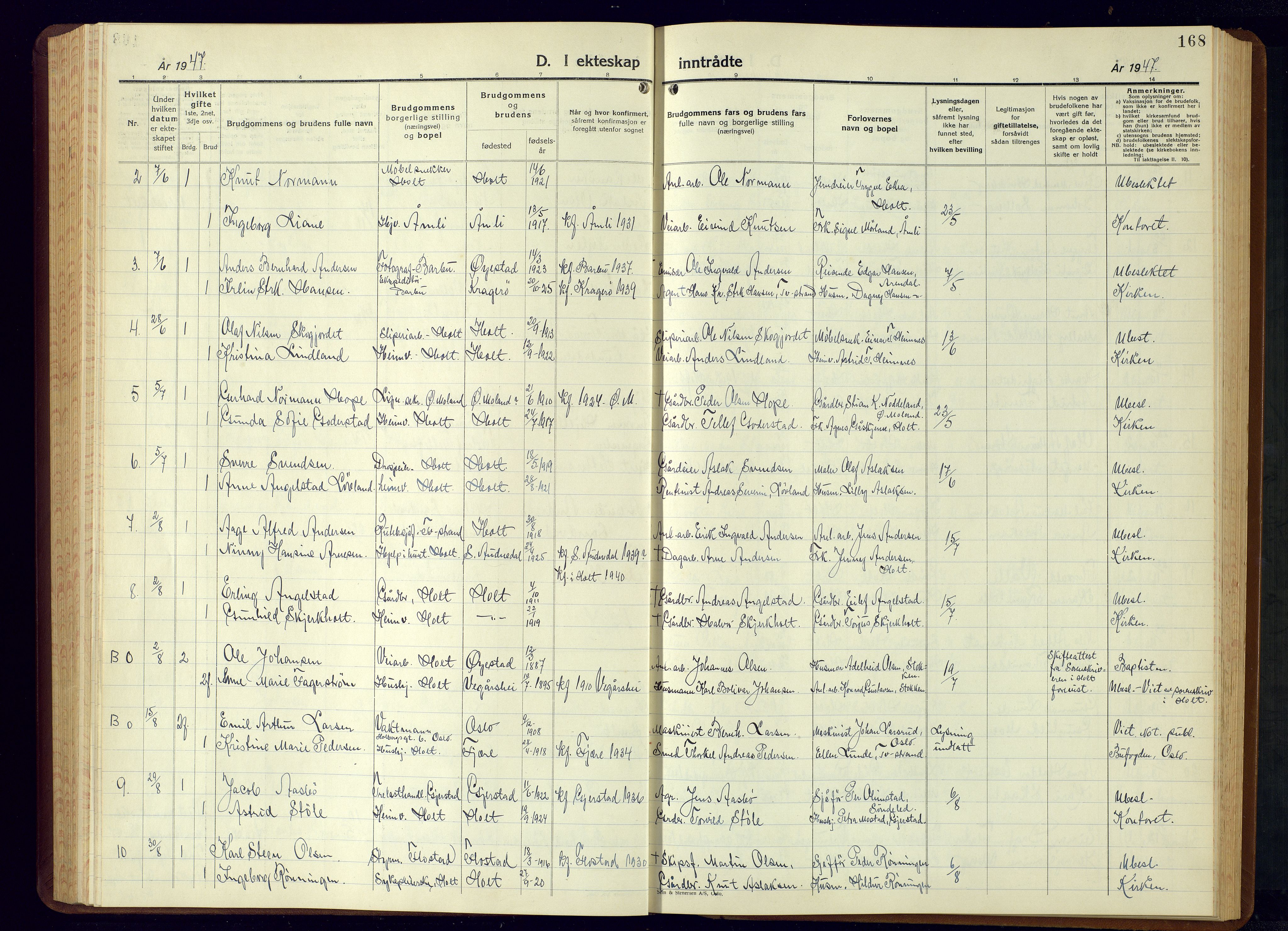 Holt sokneprestkontor, AV/SAK-1111-0021/F/Fb/L0013: Parish register (copy) no. B-13, 1940-1958, p. 168