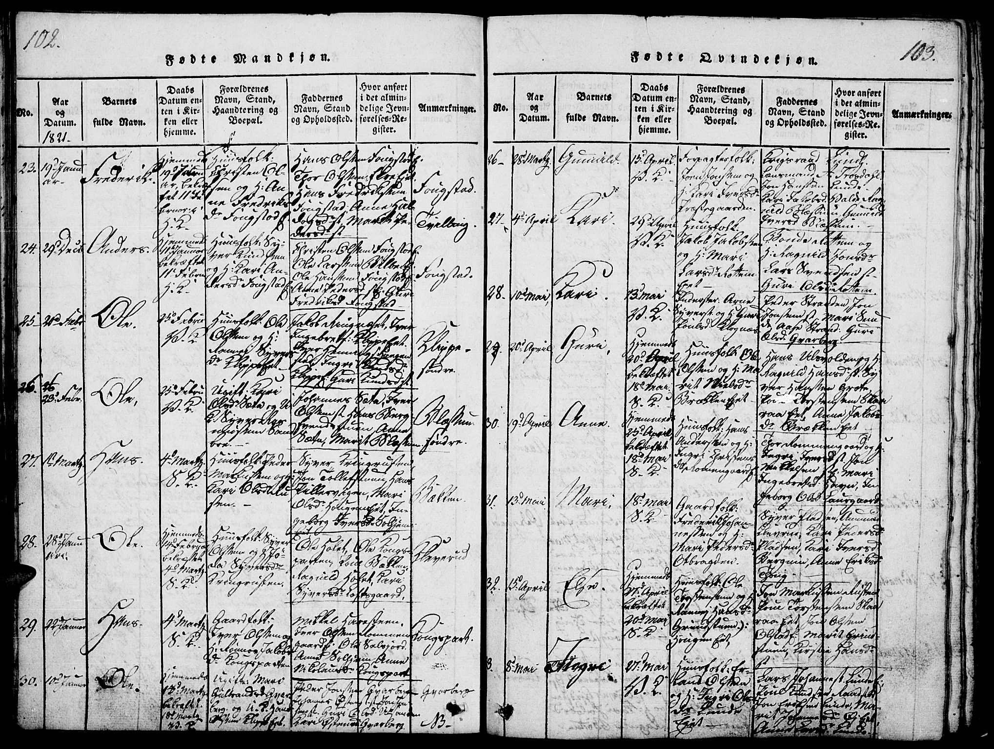 Vågå prestekontor, AV/SAH-PREST-076/H/Ha/Haa/L0003: Parish register (official) no. 3, 1815-1827, p. 102-103