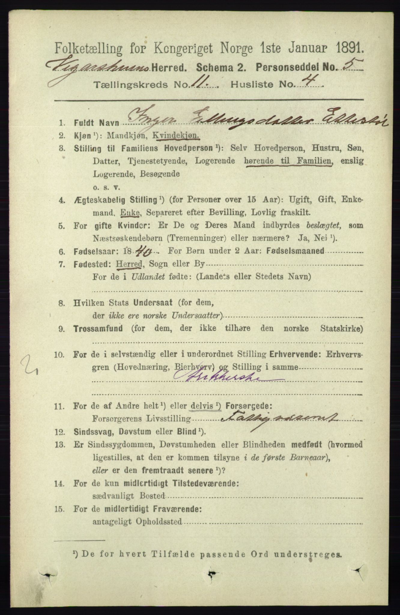 RA, 1891 census for 0912 Vegårshei, 1891, p. 2215