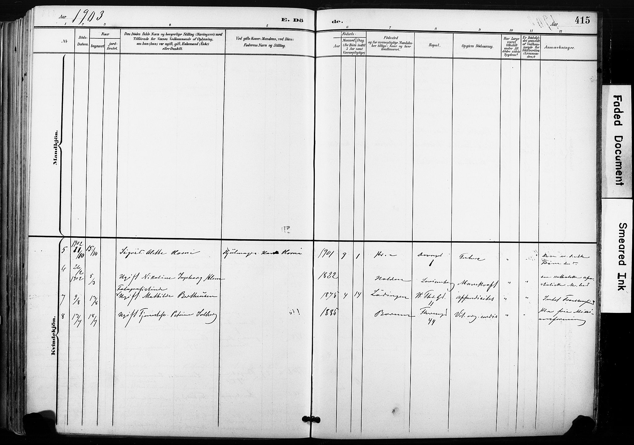 Gamle Aker prestekontor Kirkebøker, SAO/A-10617a/F/L0013: Parish register (official) no. 13, 1901-1908, p. 415