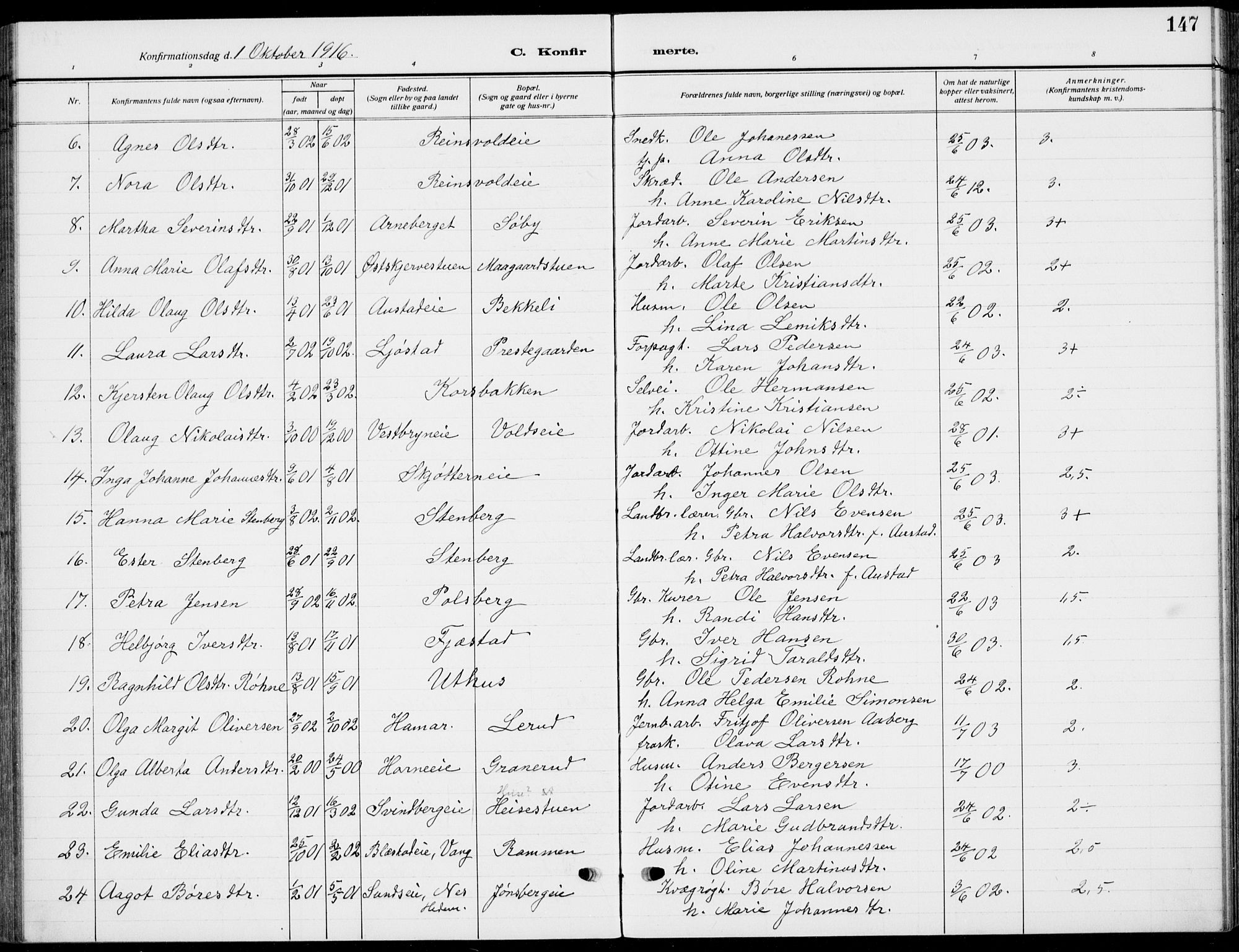 Romedal prestekontor, AV/SAH-PREST-004/K/L0012: Parish register (official) no. 12, 1913-1935, p. 147