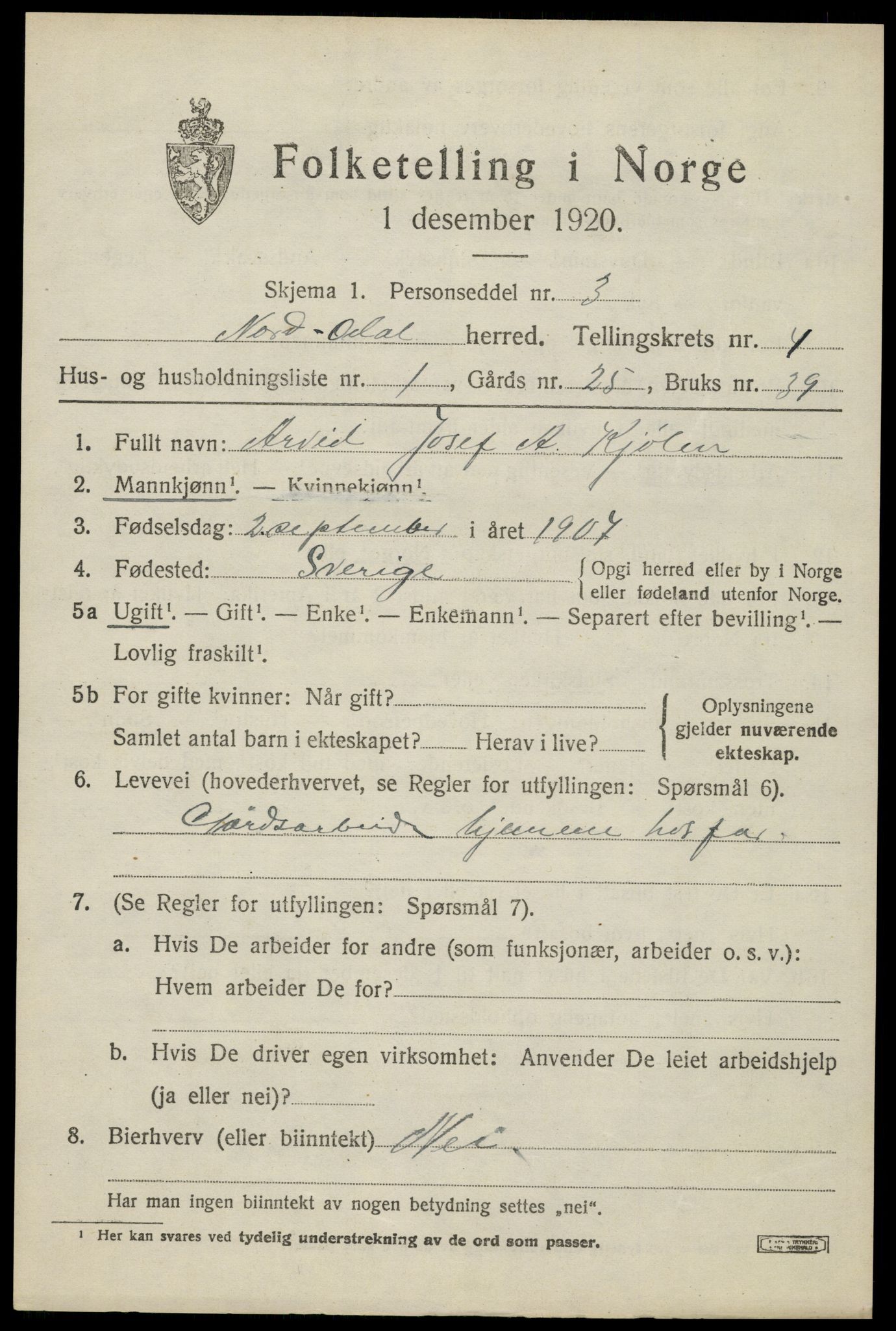 SAH, 1920 census for Nord-Odal, 1920, p. 4651