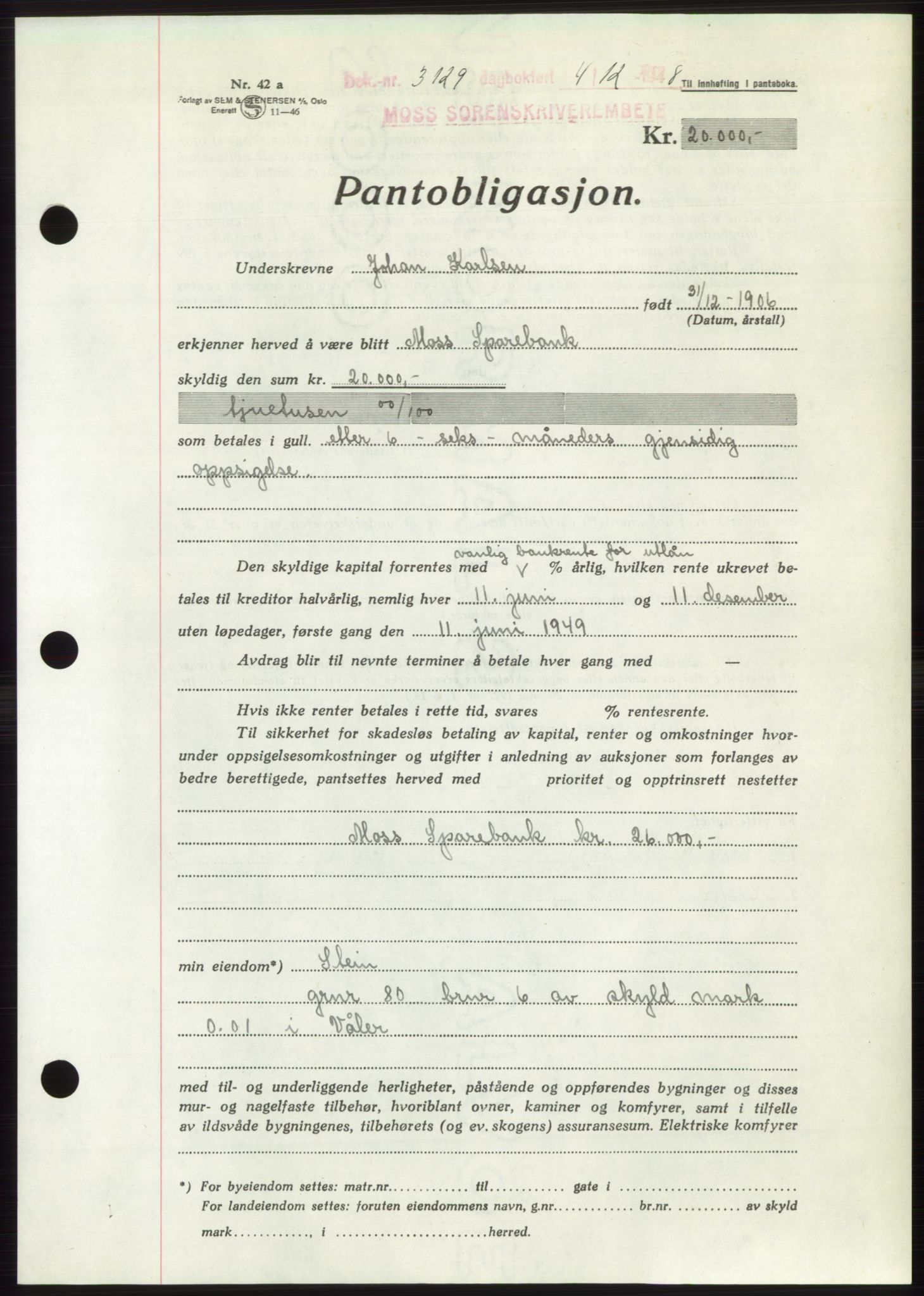 Moss sorenskriveri, AV/SAO-A-10168: Mortgage book no. B20, 1948-1948, Diary no: : 3129/1948