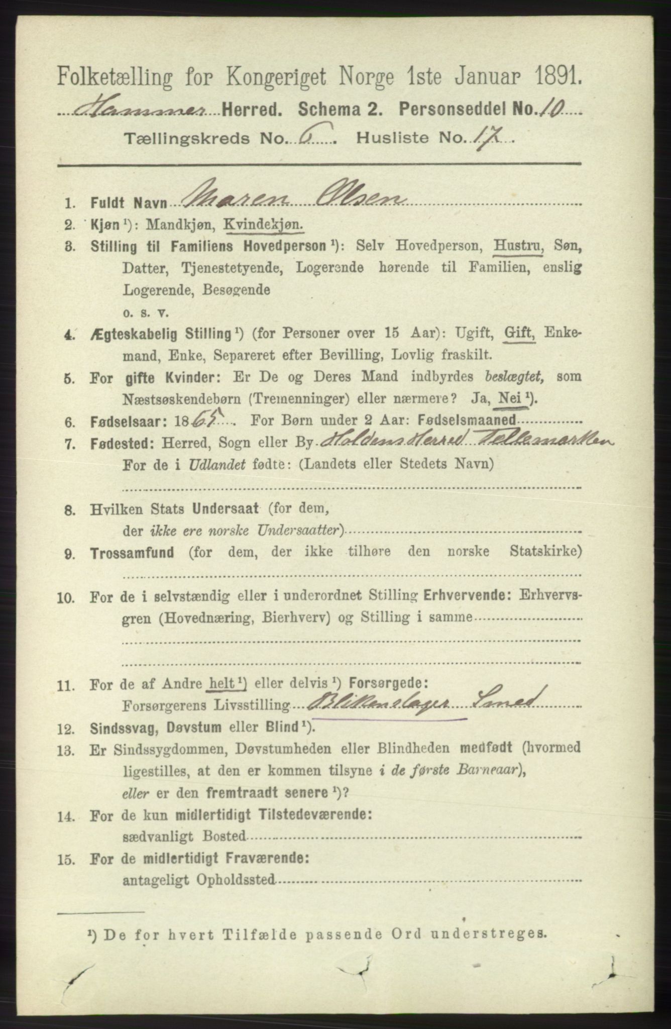 RA, 1891 census for 1254 Hamre, 1891, p. 1648