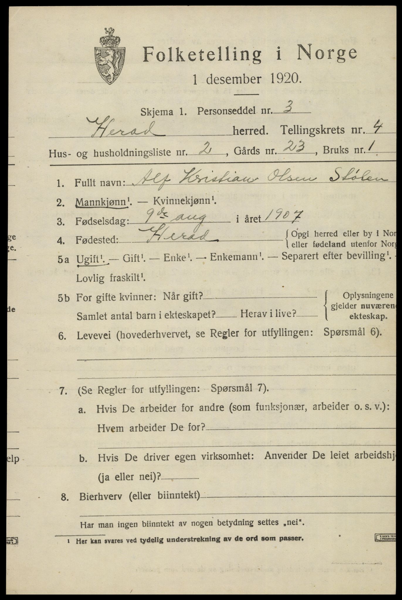 SAK, 1920 census for Herad, 1920, p. 1734