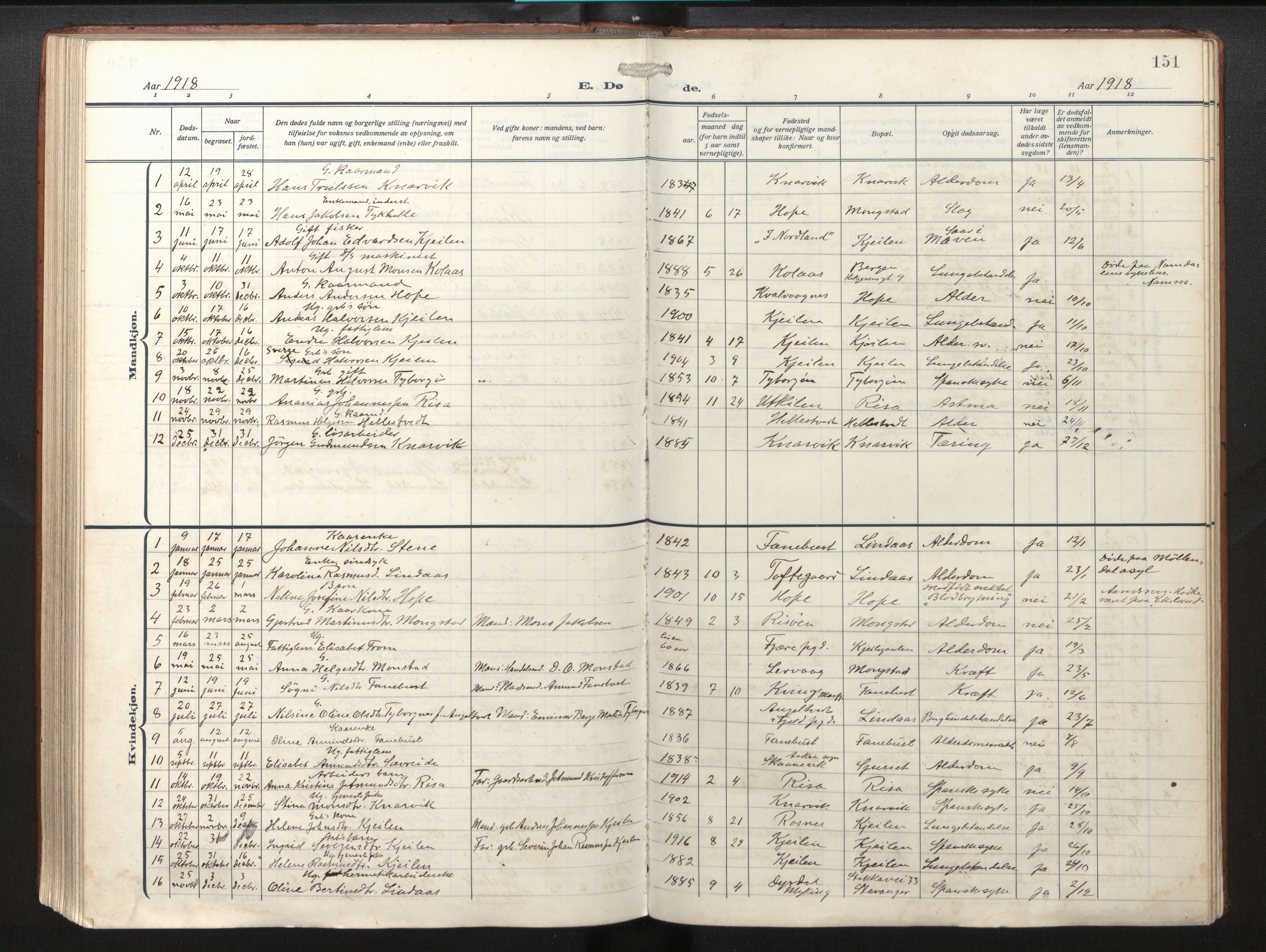Lindås Sokneprestembete, SAB/A-76701/H/Haa/Haab/L0003: Parish register (official) no. B 3, 1912-1929, p. 151