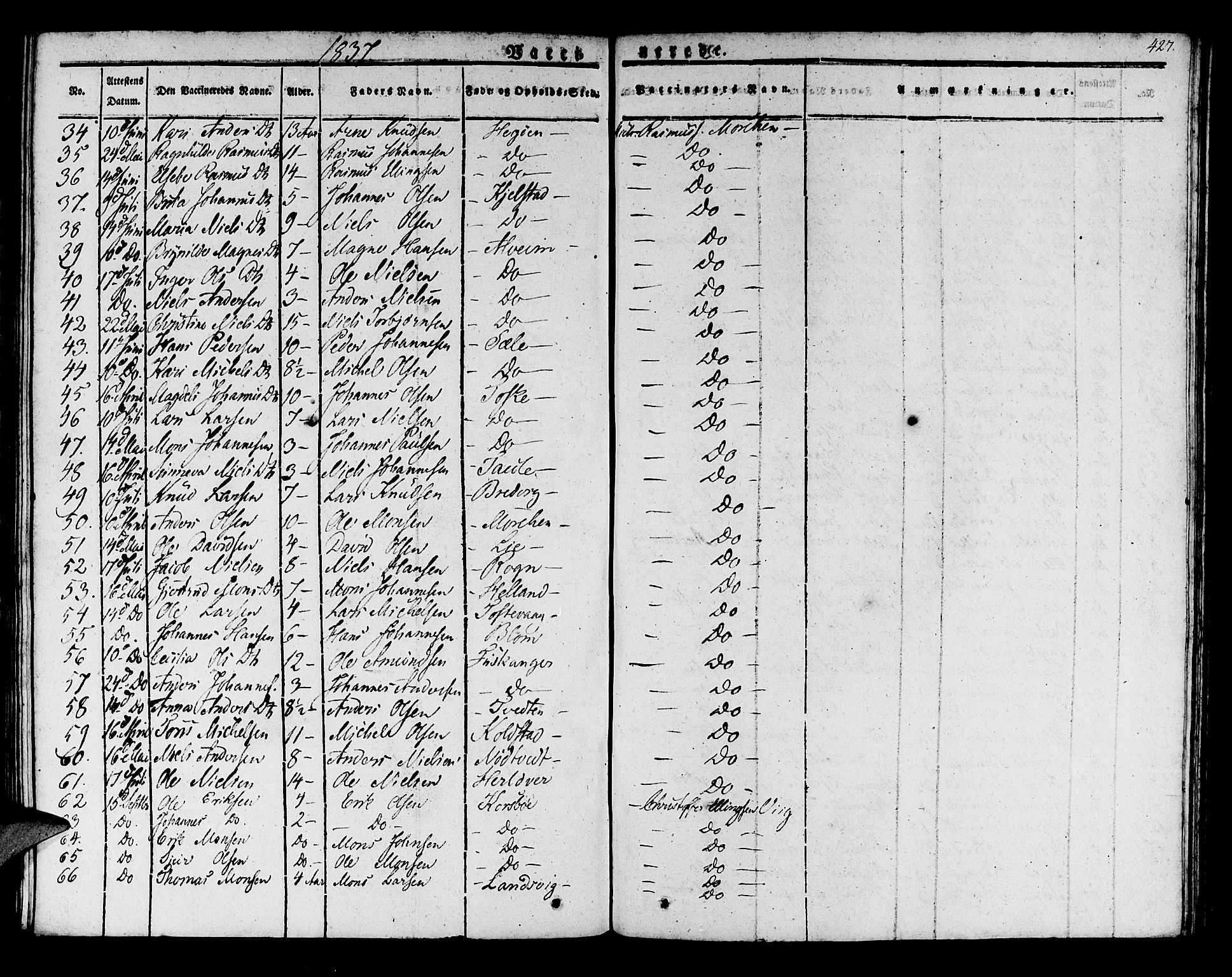 Manger sokneprestembete, SAB/A-76801/H/Haa: Parish register (official) no. A 4, 1824-1838, p. 427