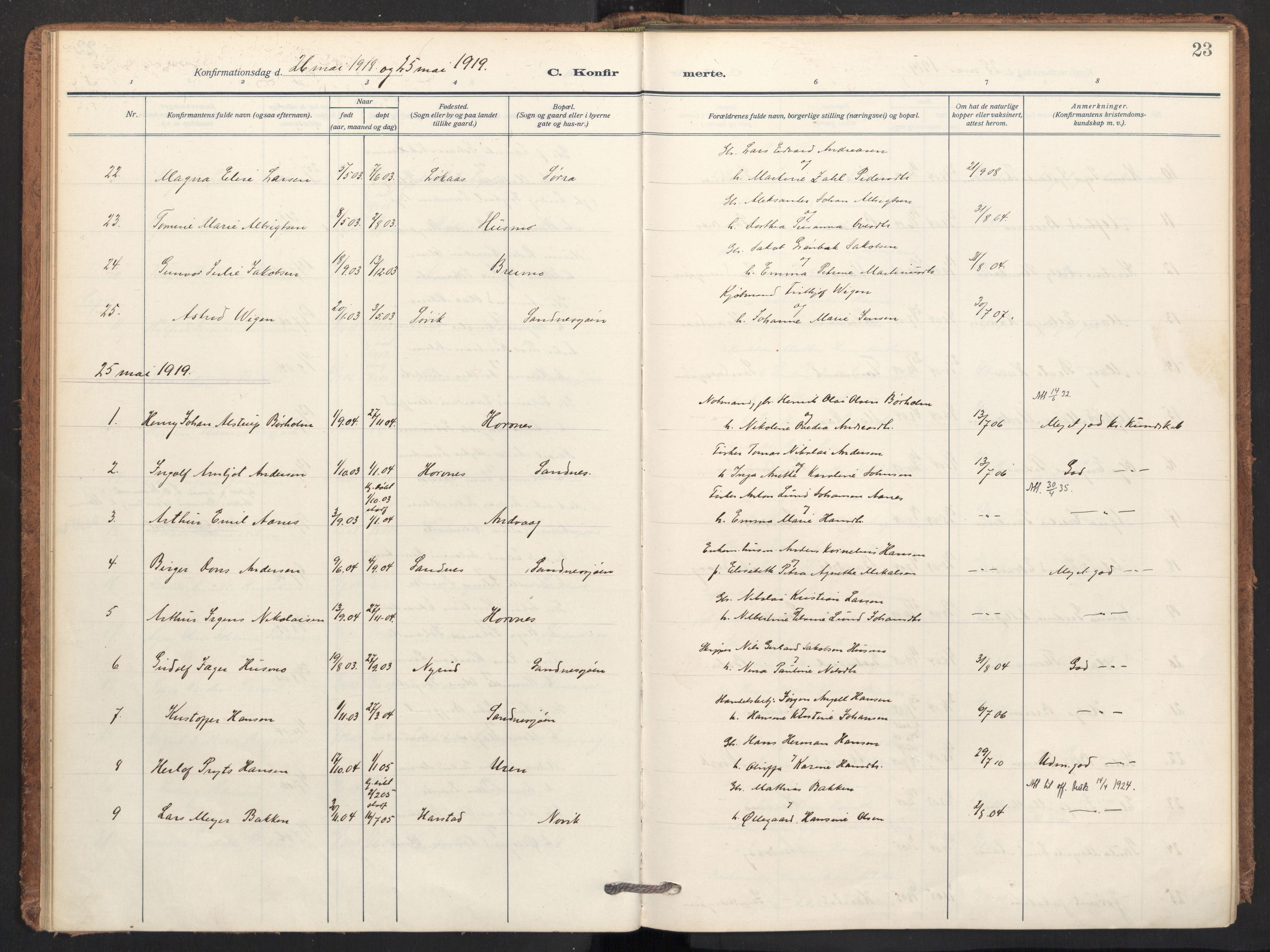 Ministerialprotokoller, klokkerbøker og fødselsregistre - Nordland, AV/SAT-A-1459/831/L0473: Parish register (official) no. 831A04, 1909-1934, p. 23