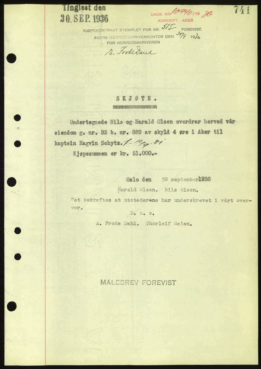 Aker herredsskriveri, SAO/A-10896/G/Gb/Gba/Gbab/L0008: Mortgage book no. A141, 1936-1936, Diary no: : 10940/1936