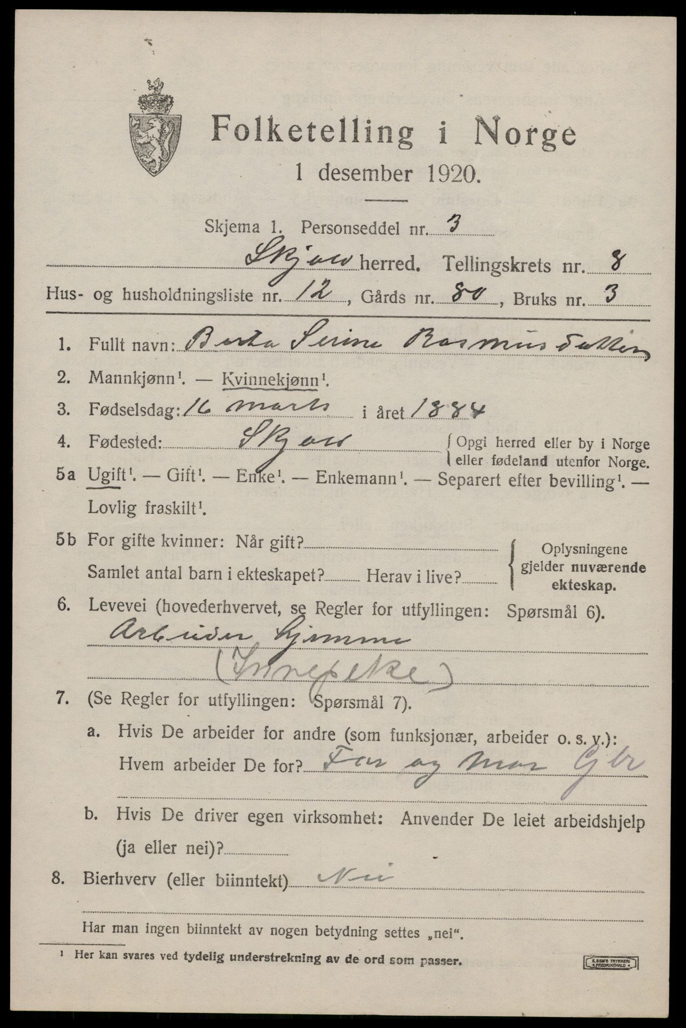SAST, 1920 census for Skjold, 1920, p. 4308