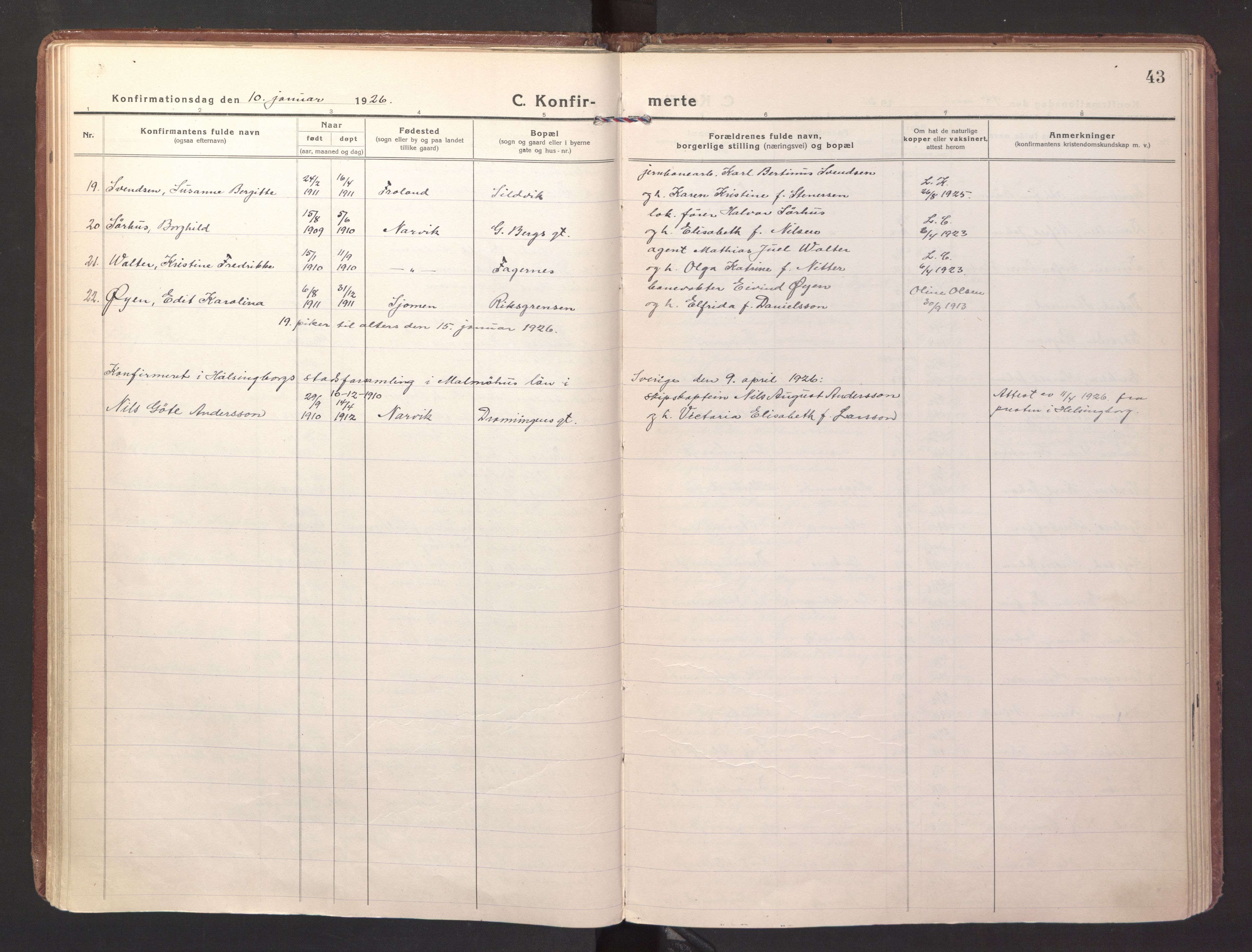 Ministerialprotokoller, klokkerbøker og fødselsregistre - Nordland, AV/SAT-A-1459/871/L1004: Parish register (official) no. 871A20, 1921-1932, p. 43