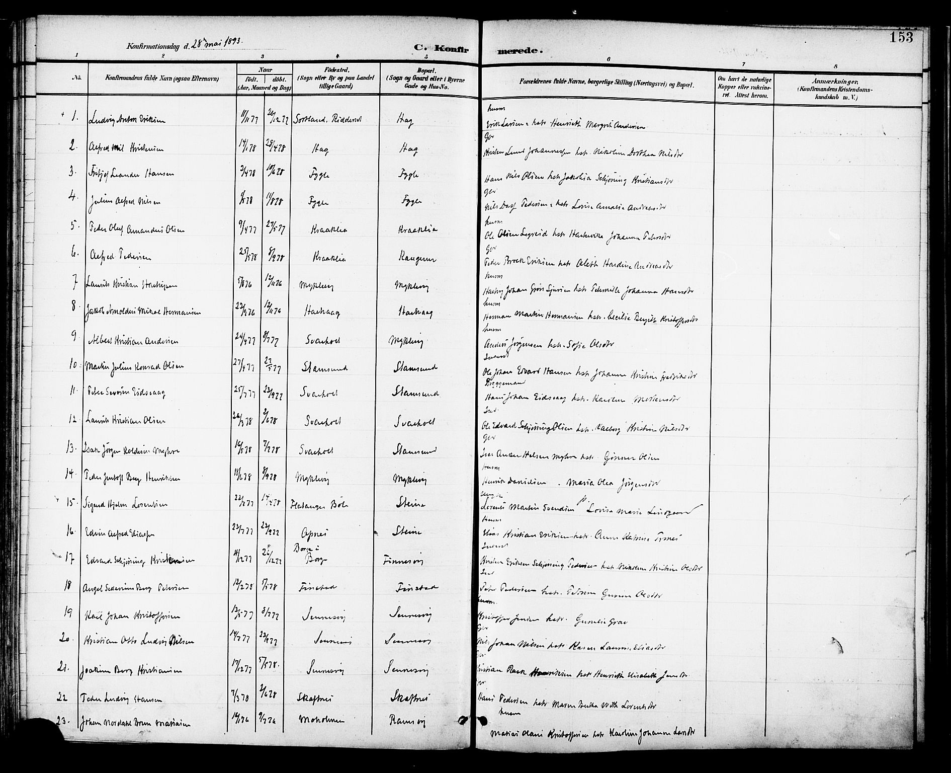 Ministerialprotokoller, klokkerbøker og fødselsregistre - Nordland, AV/SAT-A-1459/882/L1179: Parish register (official) no. 882A01, 1886-1898, p. 153