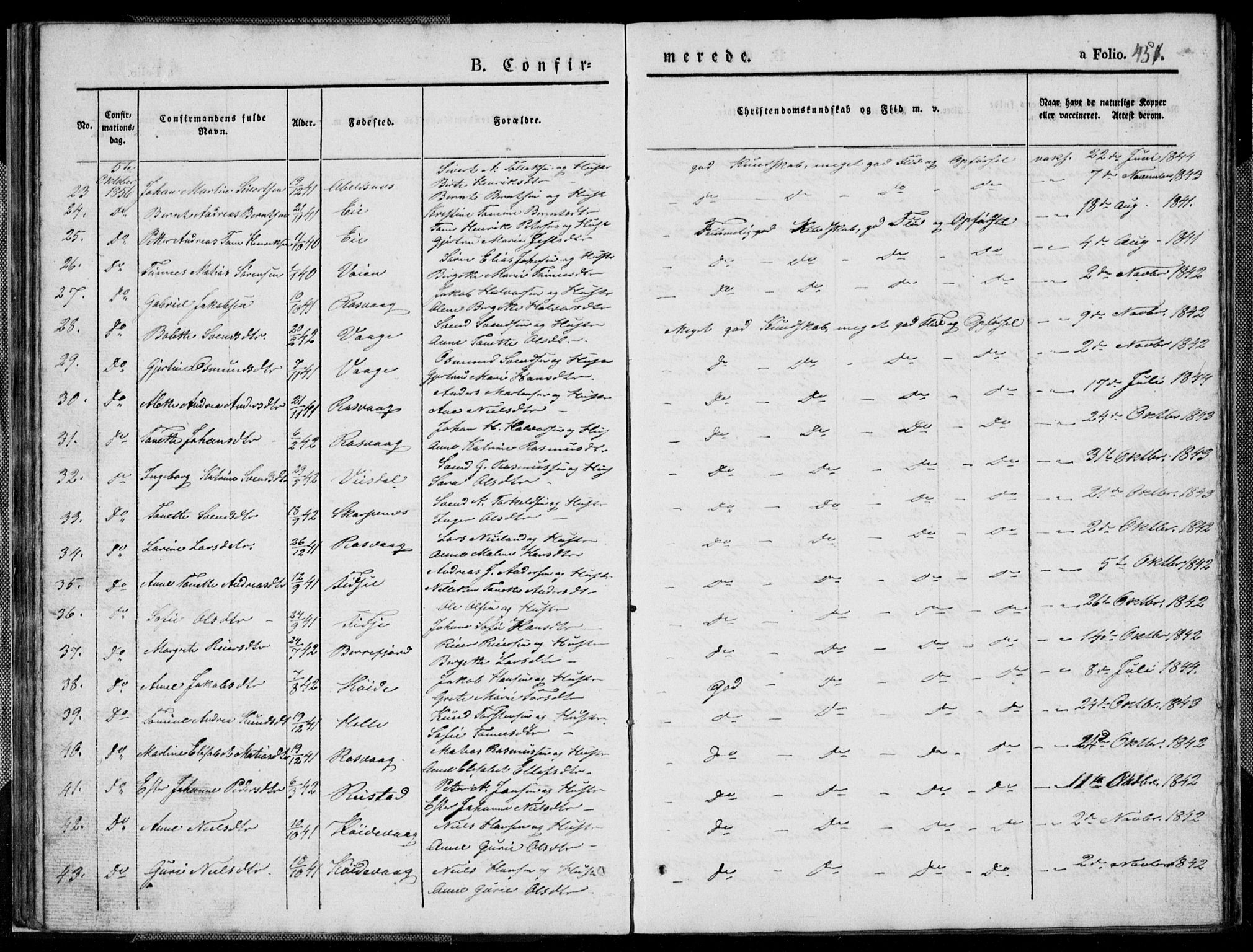 Flekkefjord sokneprestkontor, SAK/1111-0012/F/Fb/Fbb/L0002: Parish register (copy) no. B 2b, 1831-1866, p. 451