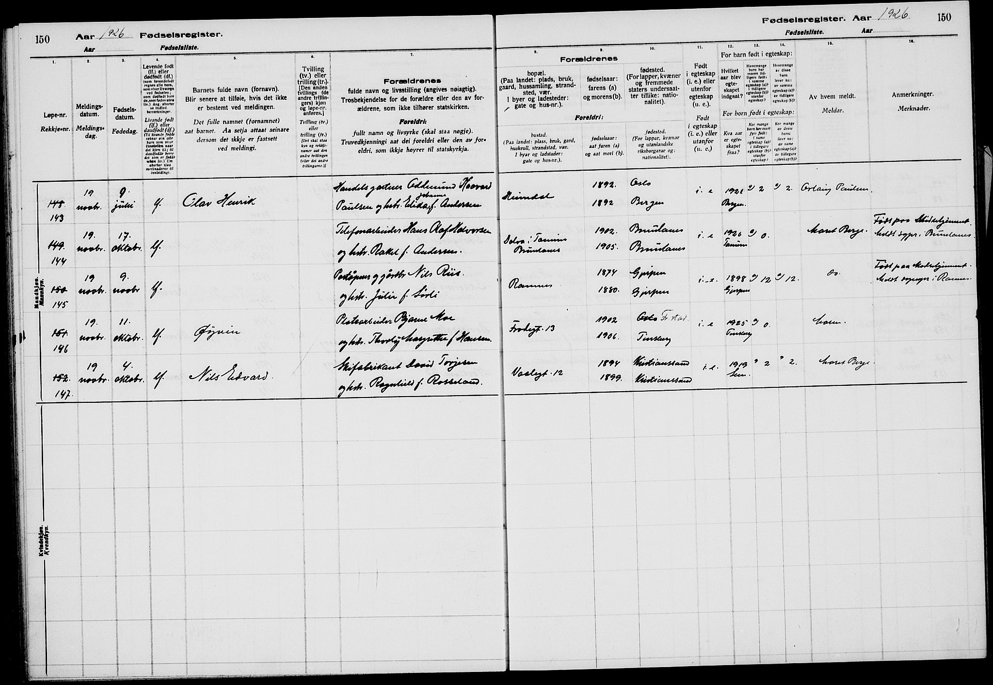 Tønsberg kirkebøker, AV/SAKO-A-330/J/Ja/L0002: Birth register no. 2, 1922-1928, p. 150