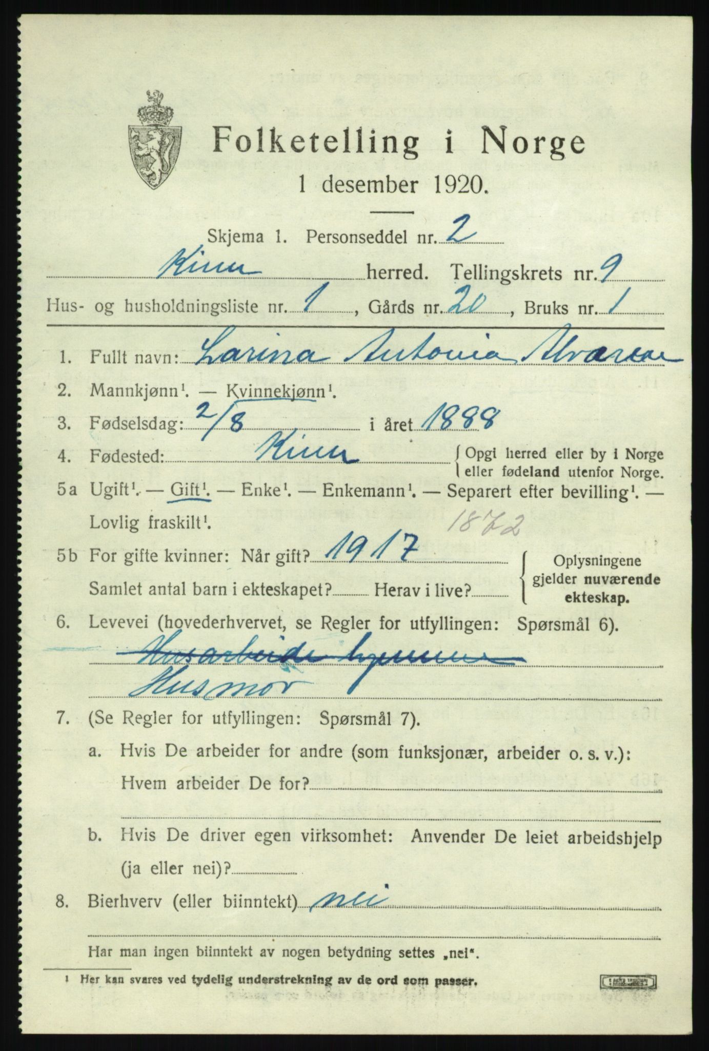 SAB, 1920 census for Kinn, 1920, p. 3309