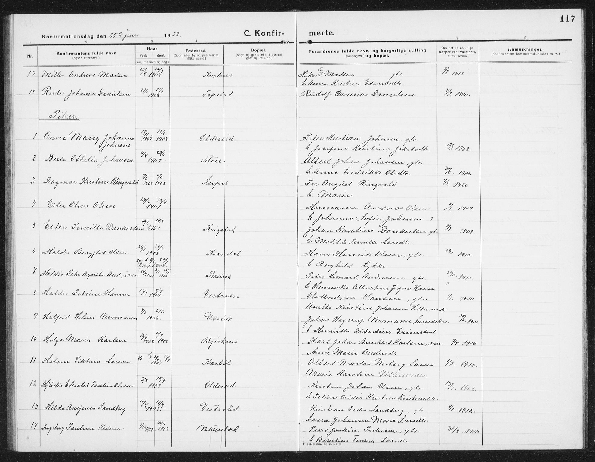 Ministerialprotokoller, klokkerbøker og fødselsregistre - Nordland, AV/SAT-A-1459/852/L0757: Parish register (copy) no. 852C08, 1916-1934, p. 117