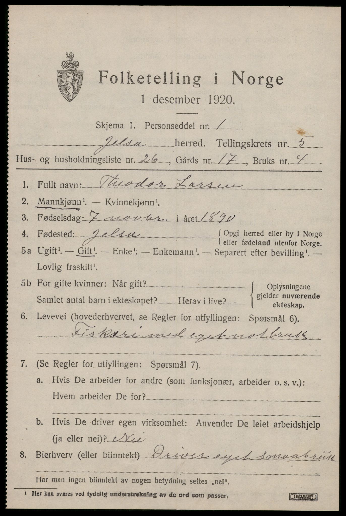 SAST, 1920 census for Jelsa, 1920, p. 1640