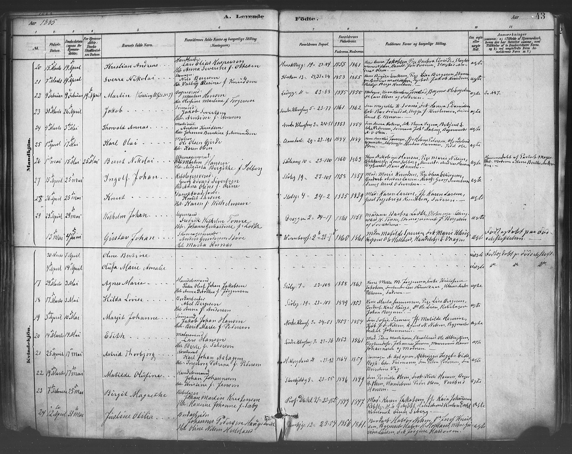 Mariakirken Sokneprestembete, AV/SAB-A-76901/H/Haa/L0007: Parish register (official) no. A 7, 1878-1893, p. 43