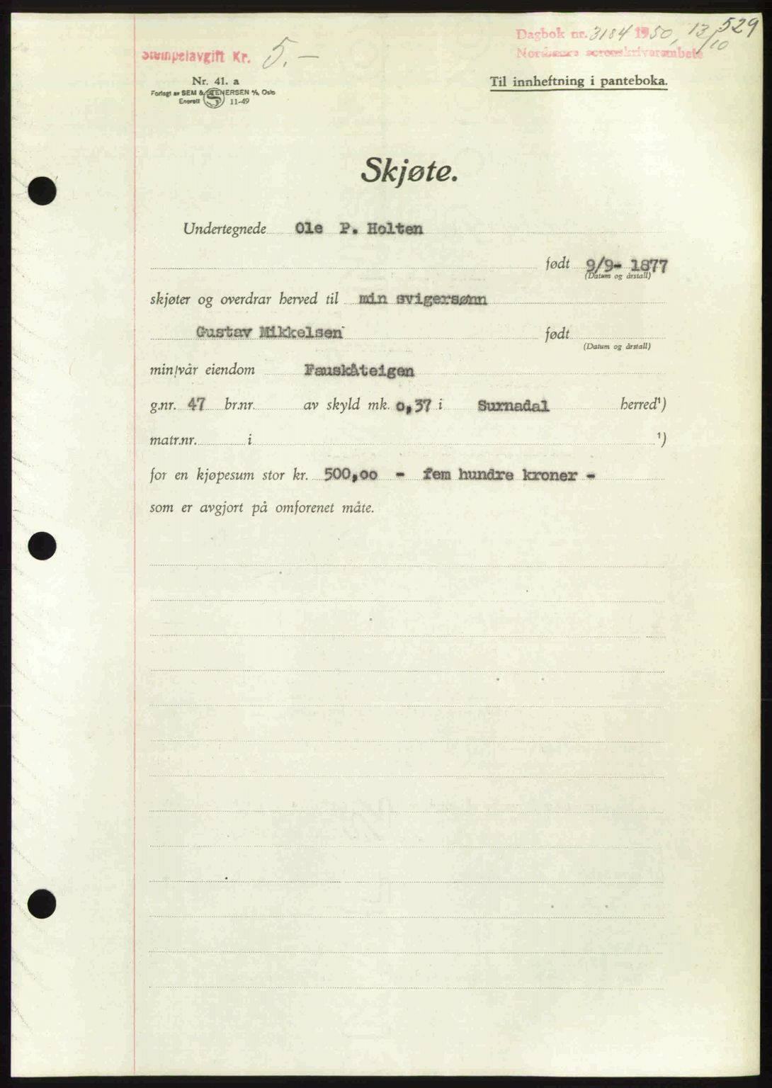 Nordmøre sorenskriveri, AV/SAT-A-4132/1/2/2Ca: Mortgage book no. A116, 1950-1950, Diary no: : 3184/1950