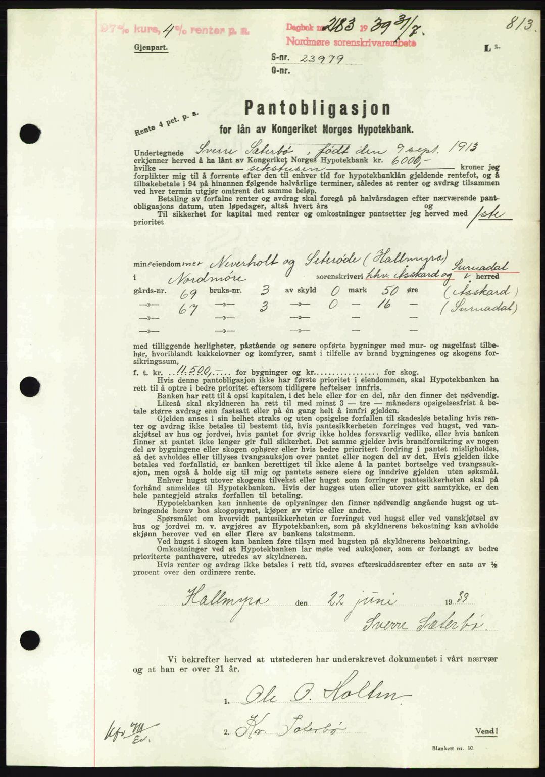 Nordmøre sorenskriveri, AV/SAT-A-4132/1/2/2Ca: Mortgage book no. B85, 1939-1939, Diary no: : 2183/1939