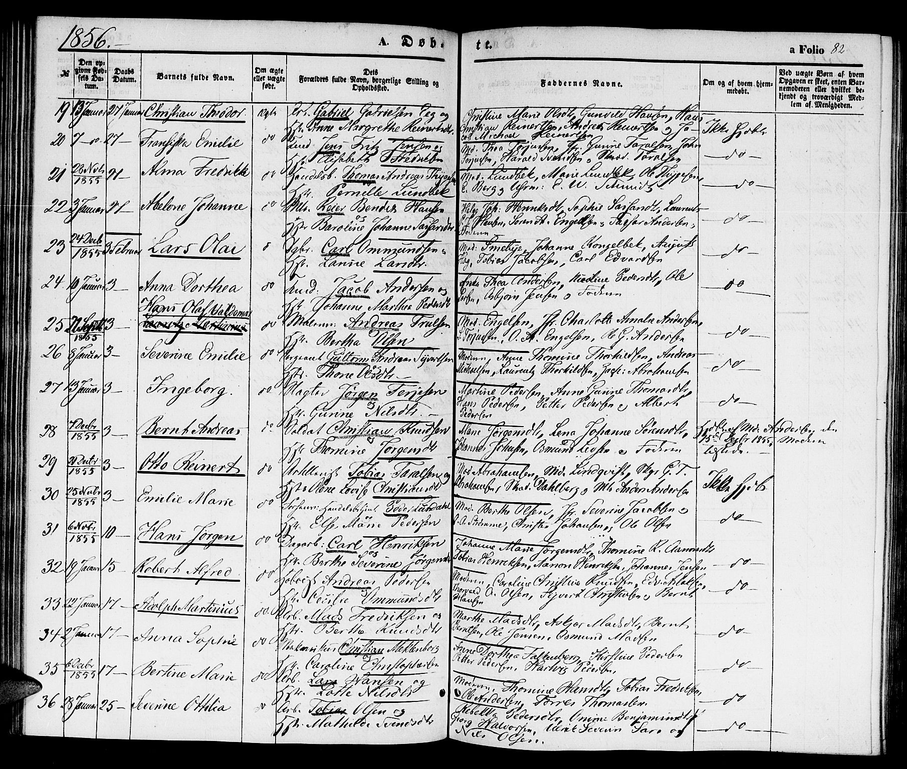 Kristiansand domprosti, AV/SAK-1112-0006/F/Fb/L0011: Parish register (copy) no. B 11, 1851-1861, p. 82