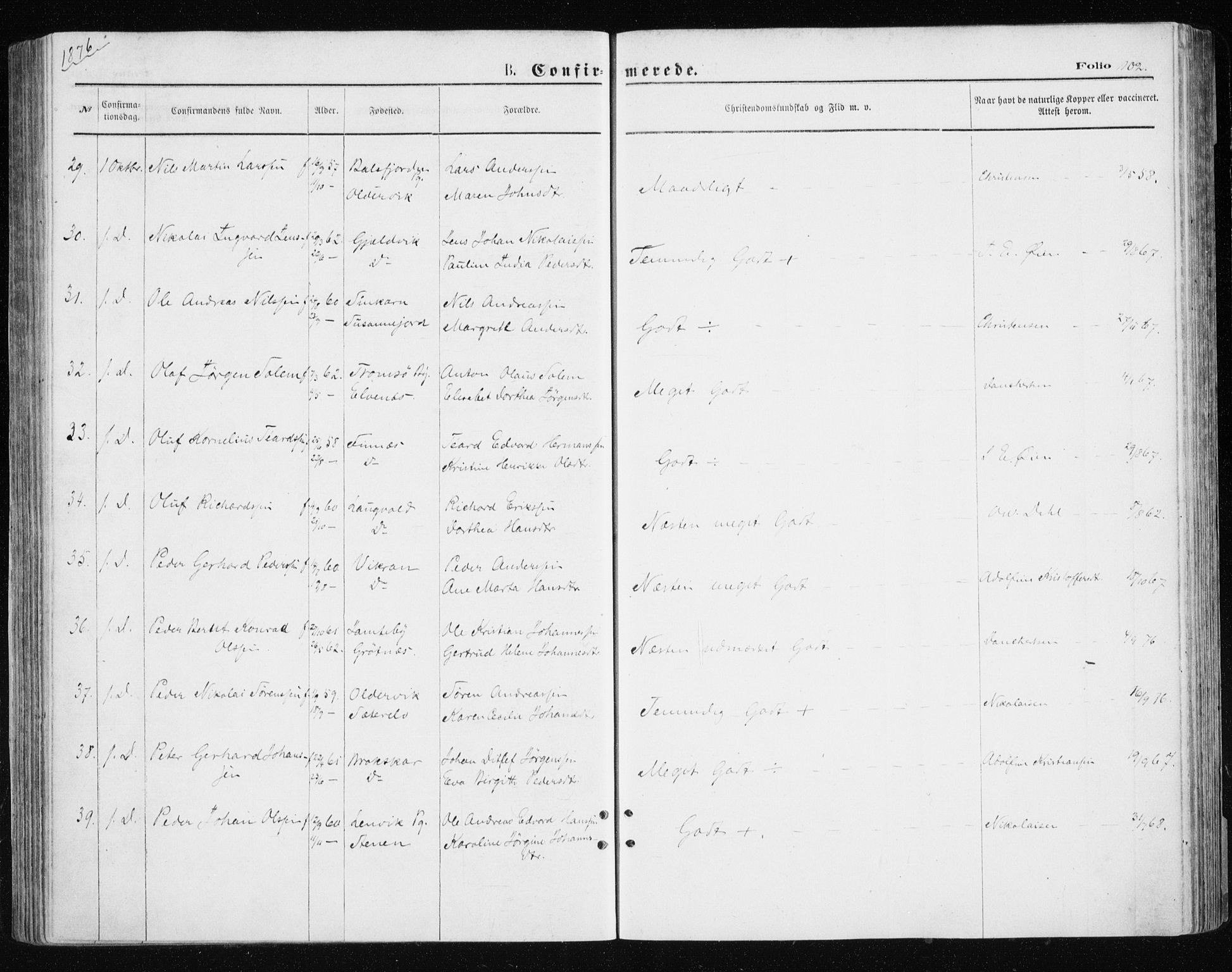 Tromsøysund sokneprestkontor, SATØ/S-1304/G/Ga/L0003kirke: Parish register (official) no. 3, 1875-1880, p. 102