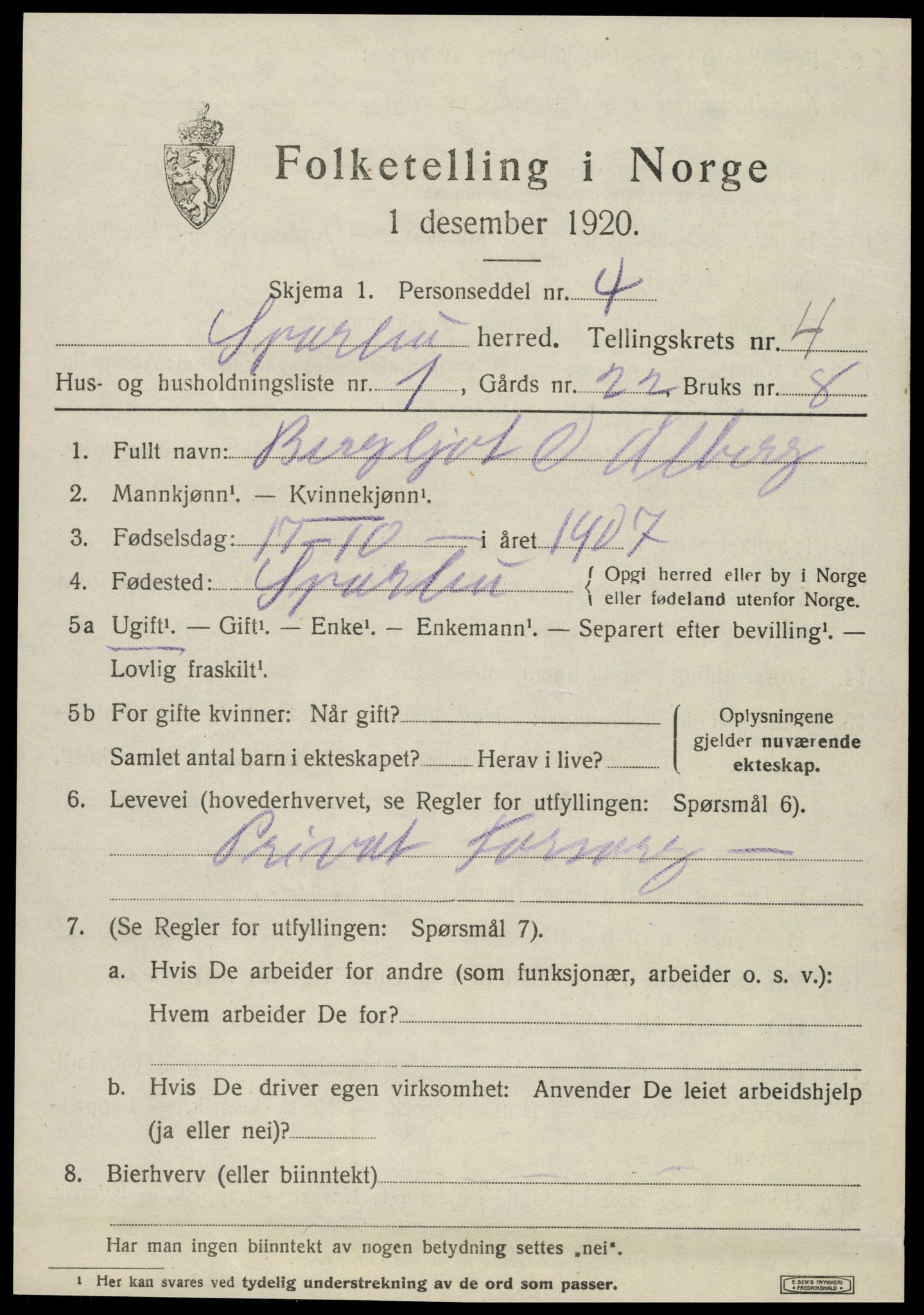 SAT, 1920 census for Sparbu, 1920, p. 5177