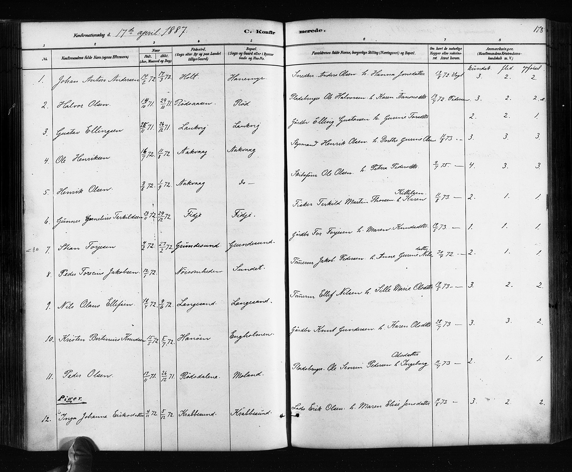 Søndeled sokneprestkontor, AV/SAK-1111-0038/F/Fa/L0004: Parish register (official) no. A 4, 1880-1889, p. 178