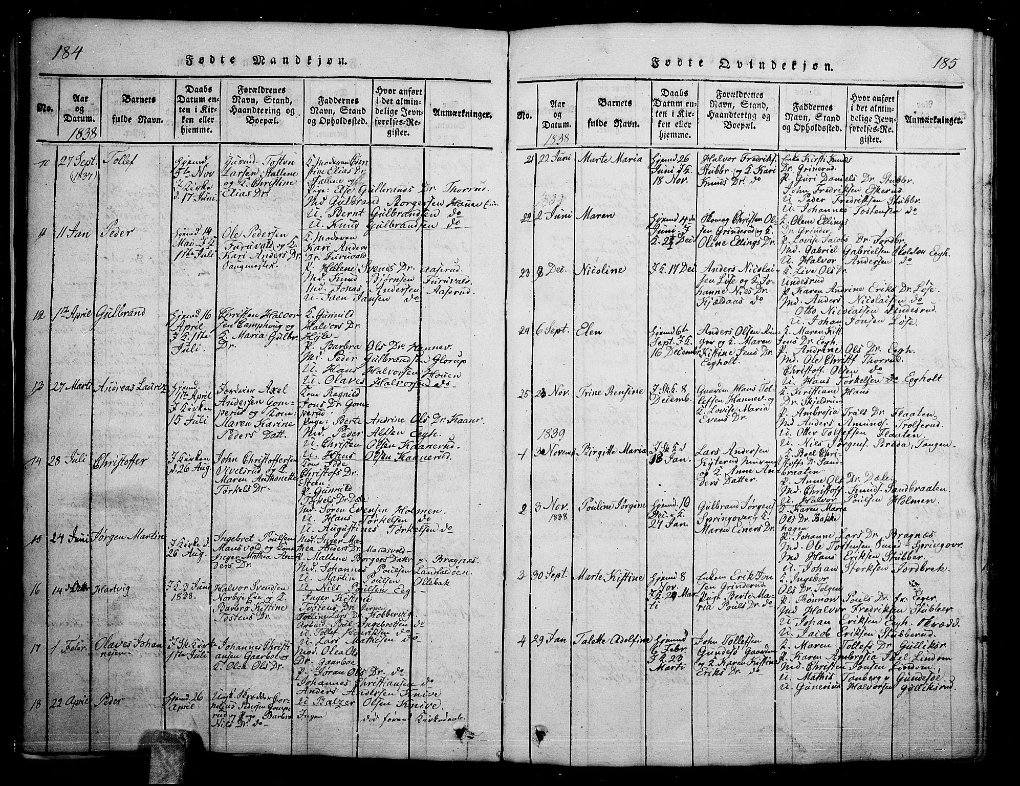 Skoger kirkebøker, SAKO/A-59/G/Ga/L0001: Parish register (copy) no. I 1, 1814-1845, p. 184-185