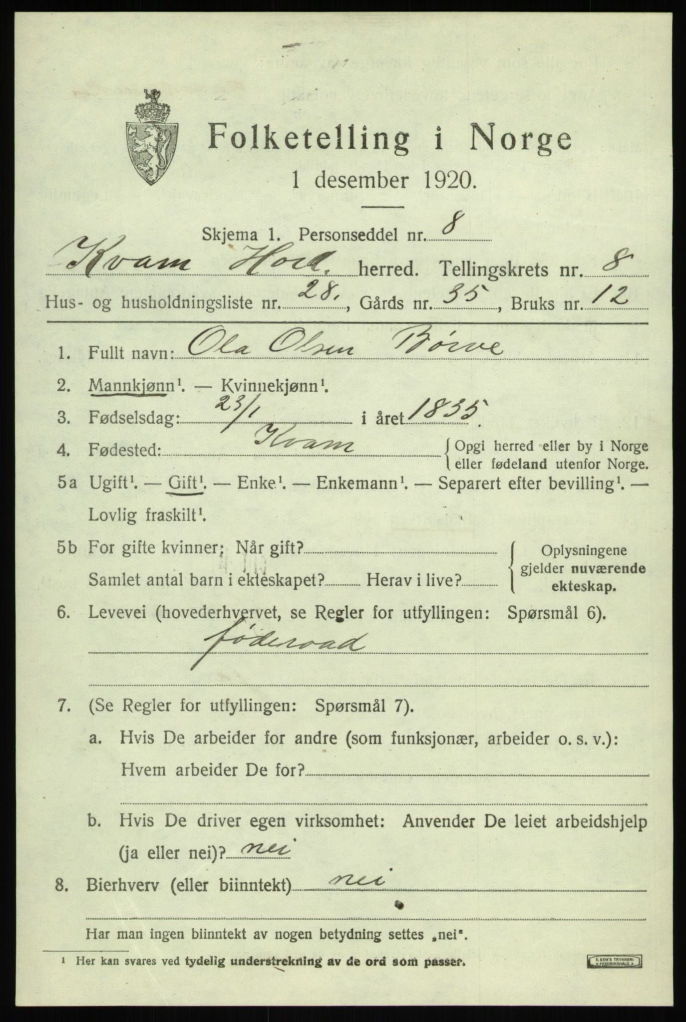 SAB, 1920 census for Kvam, 1920, p. 5407