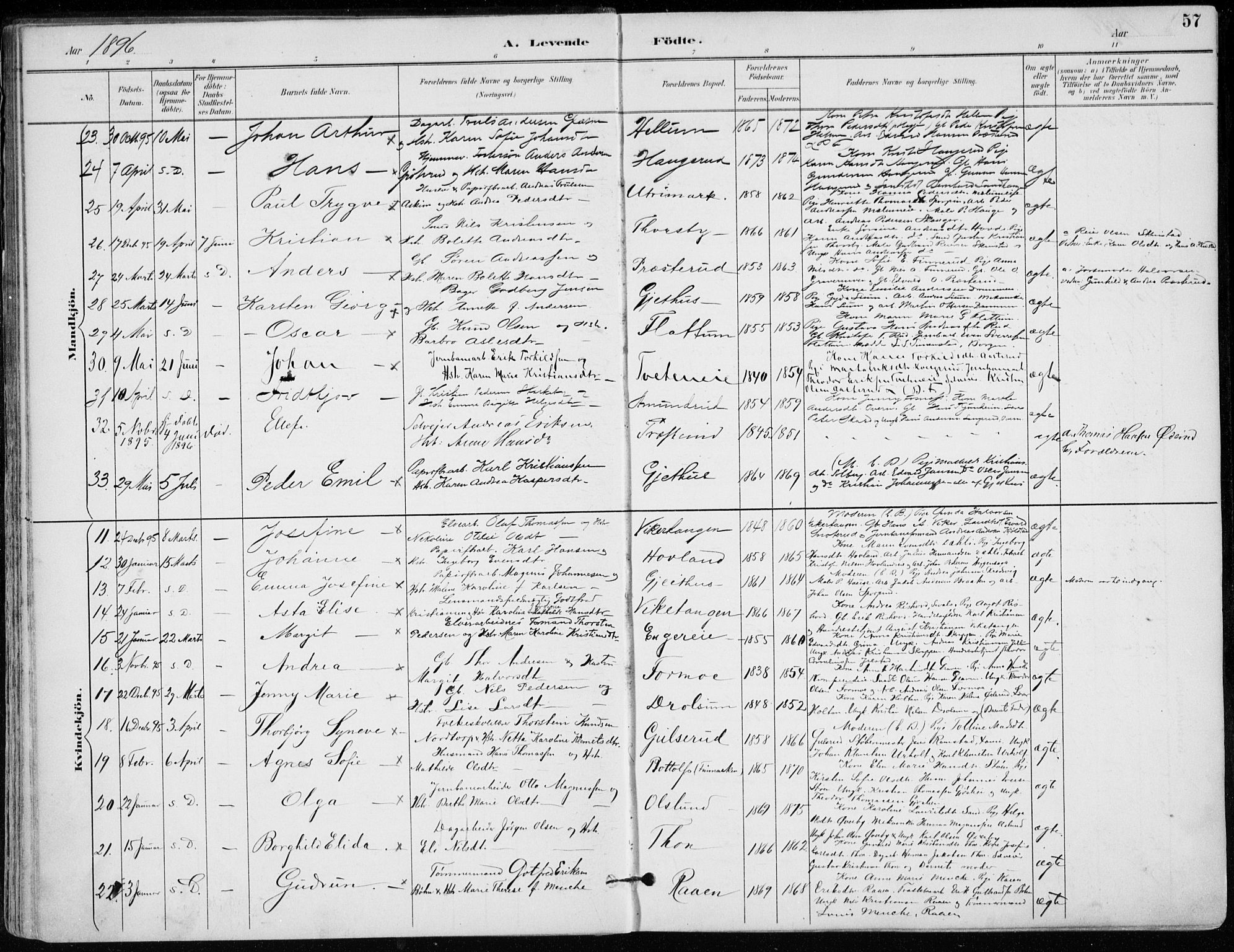 Modum kirkebøker, AV/SAKO-A-234/F/Fa/L0012: Parish register (official) no. 12, 1890-1898, p. 57