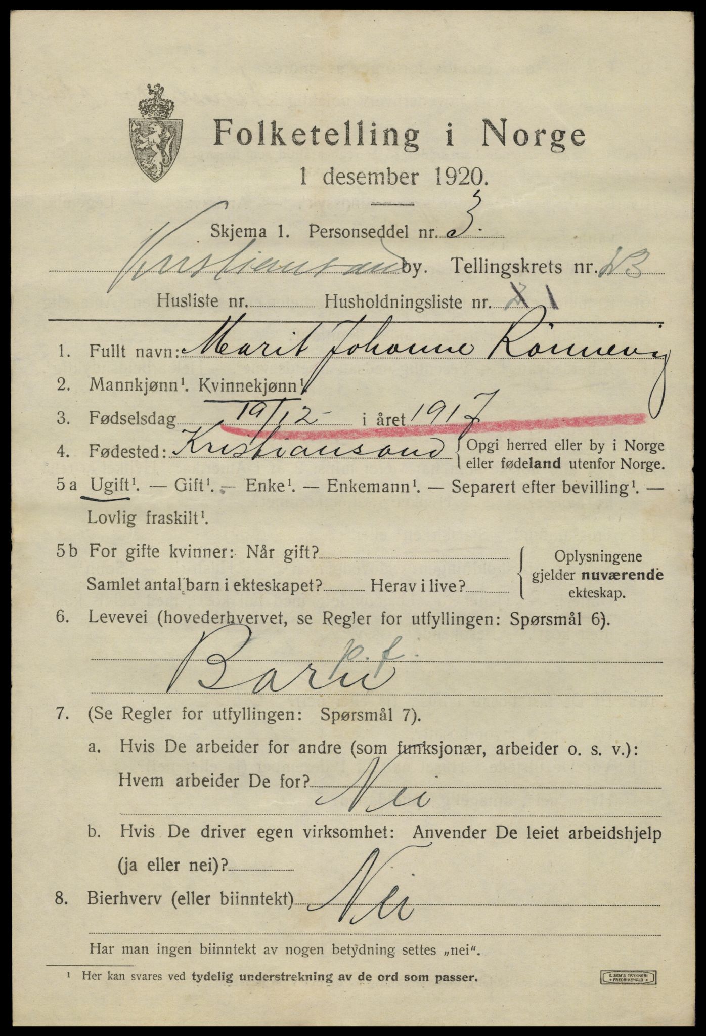 SAK, 1920 census for Kristiansand, 1920, p. 40141