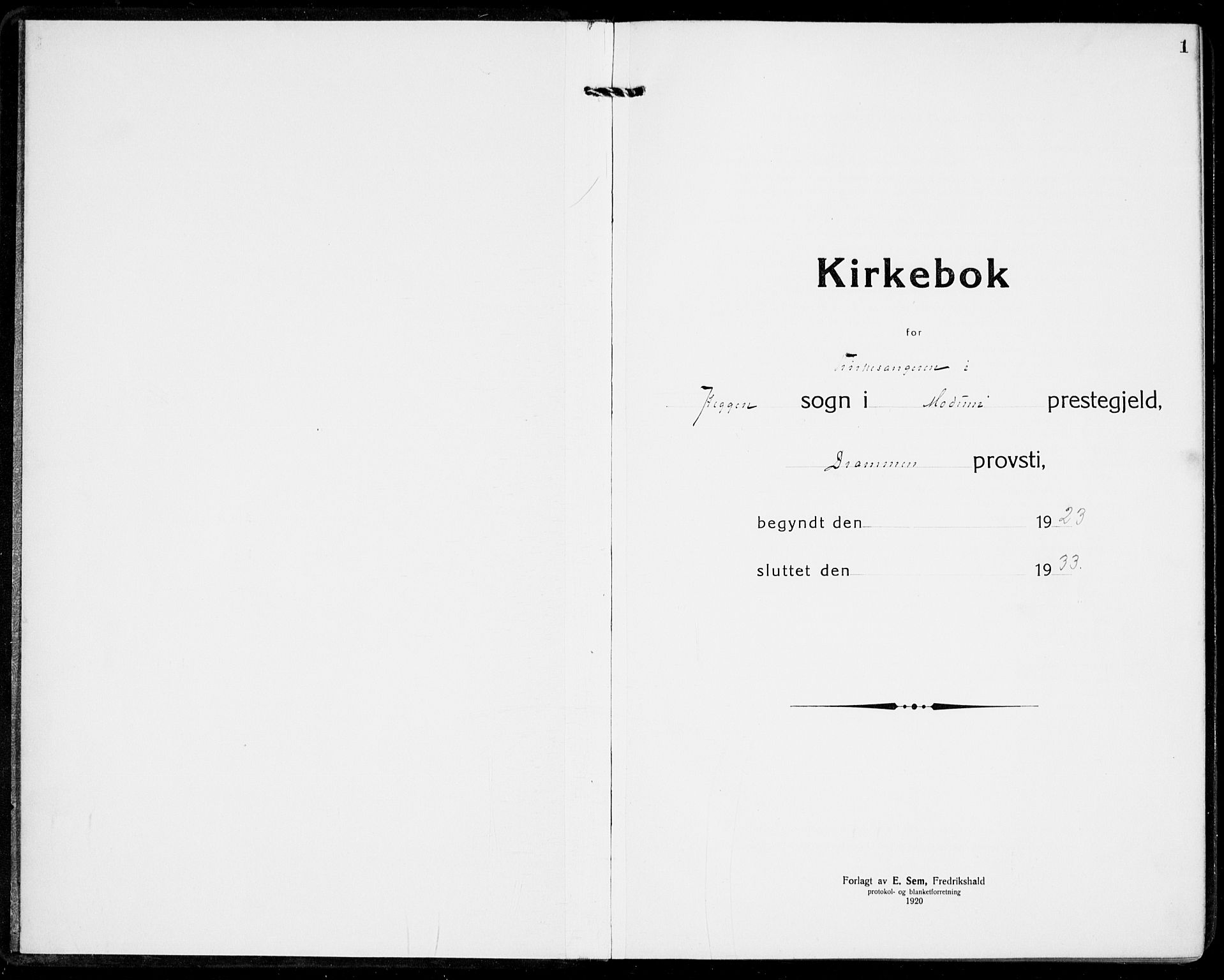 Modum kirkebøker, AV/SAKO-A-234/G/Ga/L0012: Parish register (copy) no. I 12, 1923-1933, p. 1