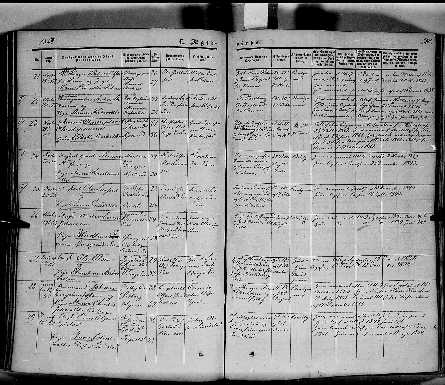 Stange prestekontor, AV/SAH-PREST-002/K/L0012: Parish register (official) no. 12, 1852-1862, p. 284