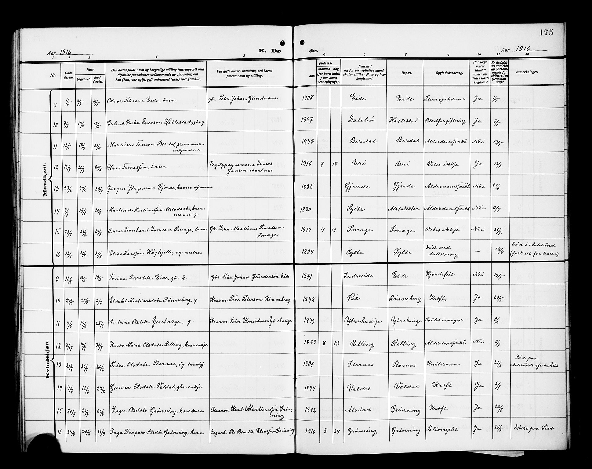 Ministerialprotokoller, klokkerbøker og fødselsregistre - Møre og Romsdal, SAT/A-1454/519/L0265: Parish register (copy) no. 519C06, 1911-1921, p. 175