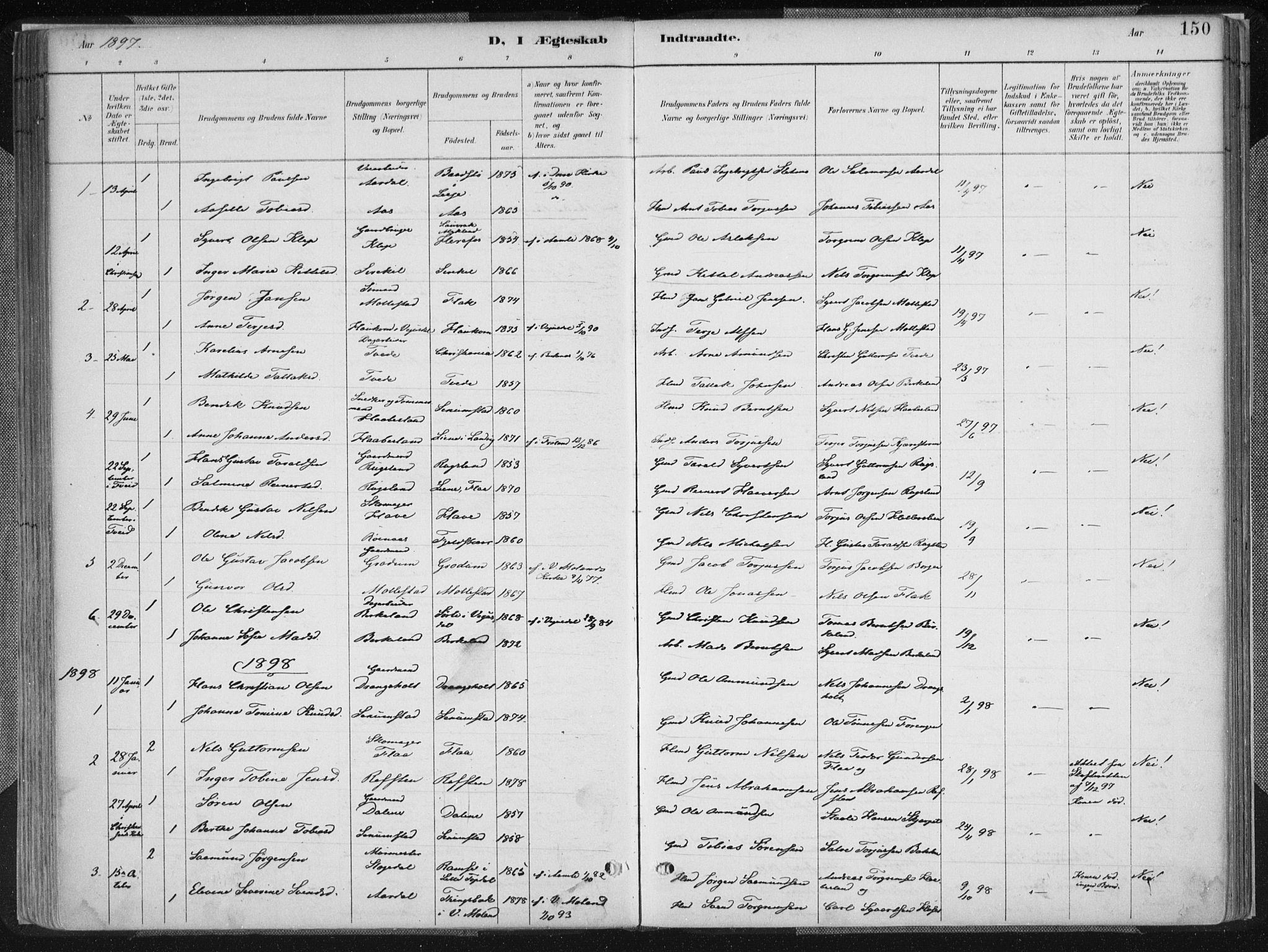 Birkenes sokneprestkontor, SAK/1111-0004/F/Fa/L0005: Parish register (official) no. A 5, 1887-1907, p. 150