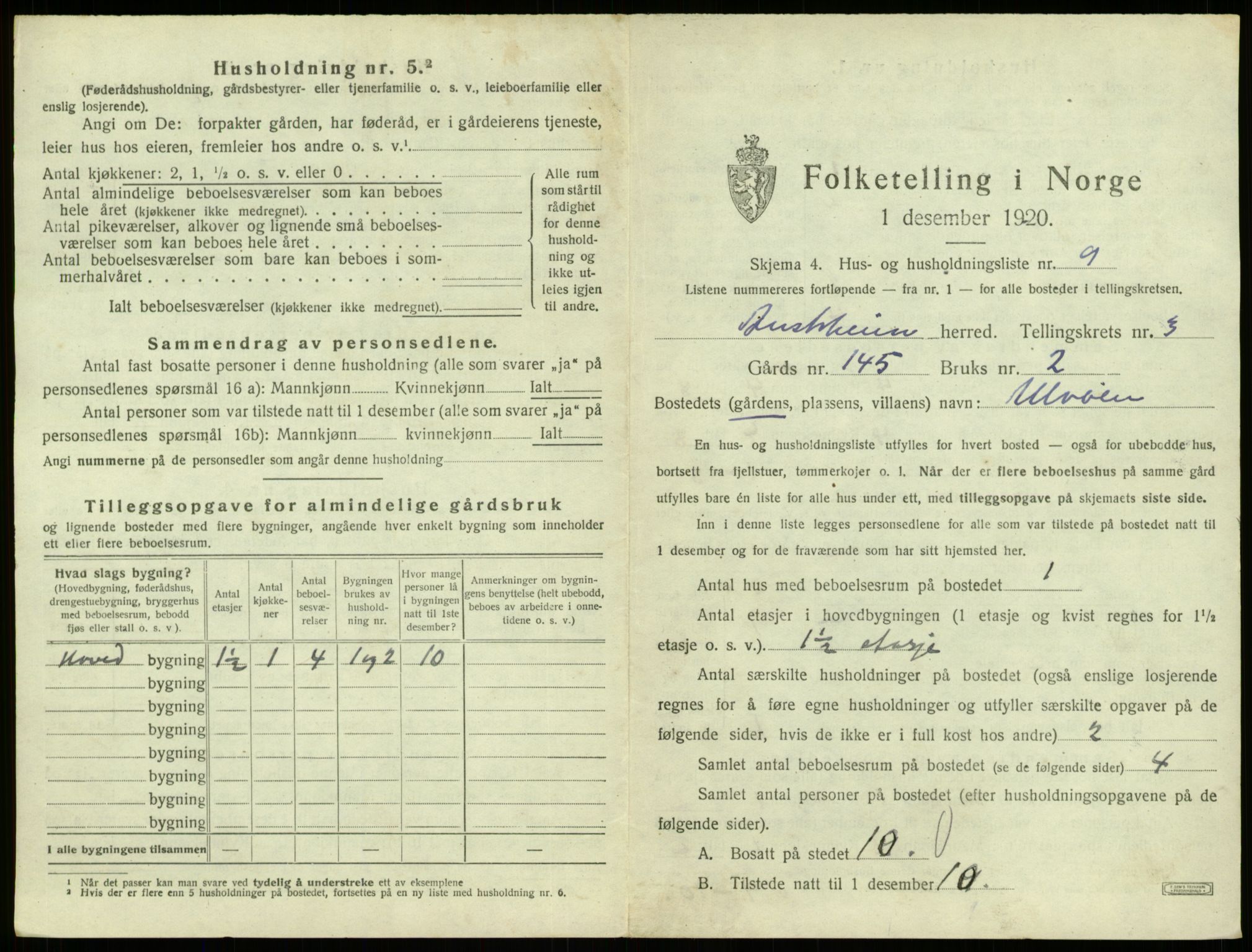 SAB, 1920 census for Austrheim, 1920, p. 183