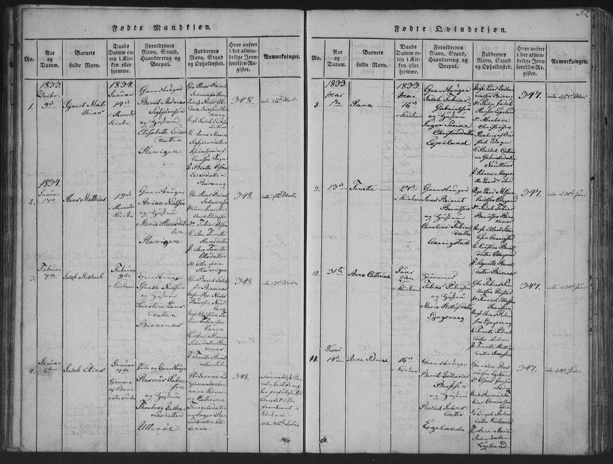 Herad sokneprestkontor, SAK/1111-0018/F/Fa/Fab/L0002: Parish register (official) no. A 2, 1816-1844, p. 52