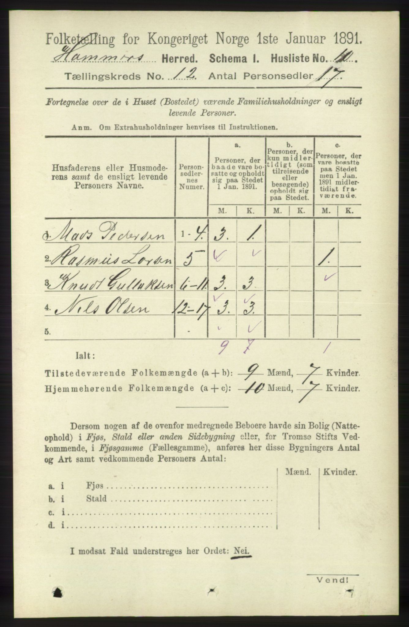 RA, 1891 census for 1254 Hamre, 1891, p. 3418