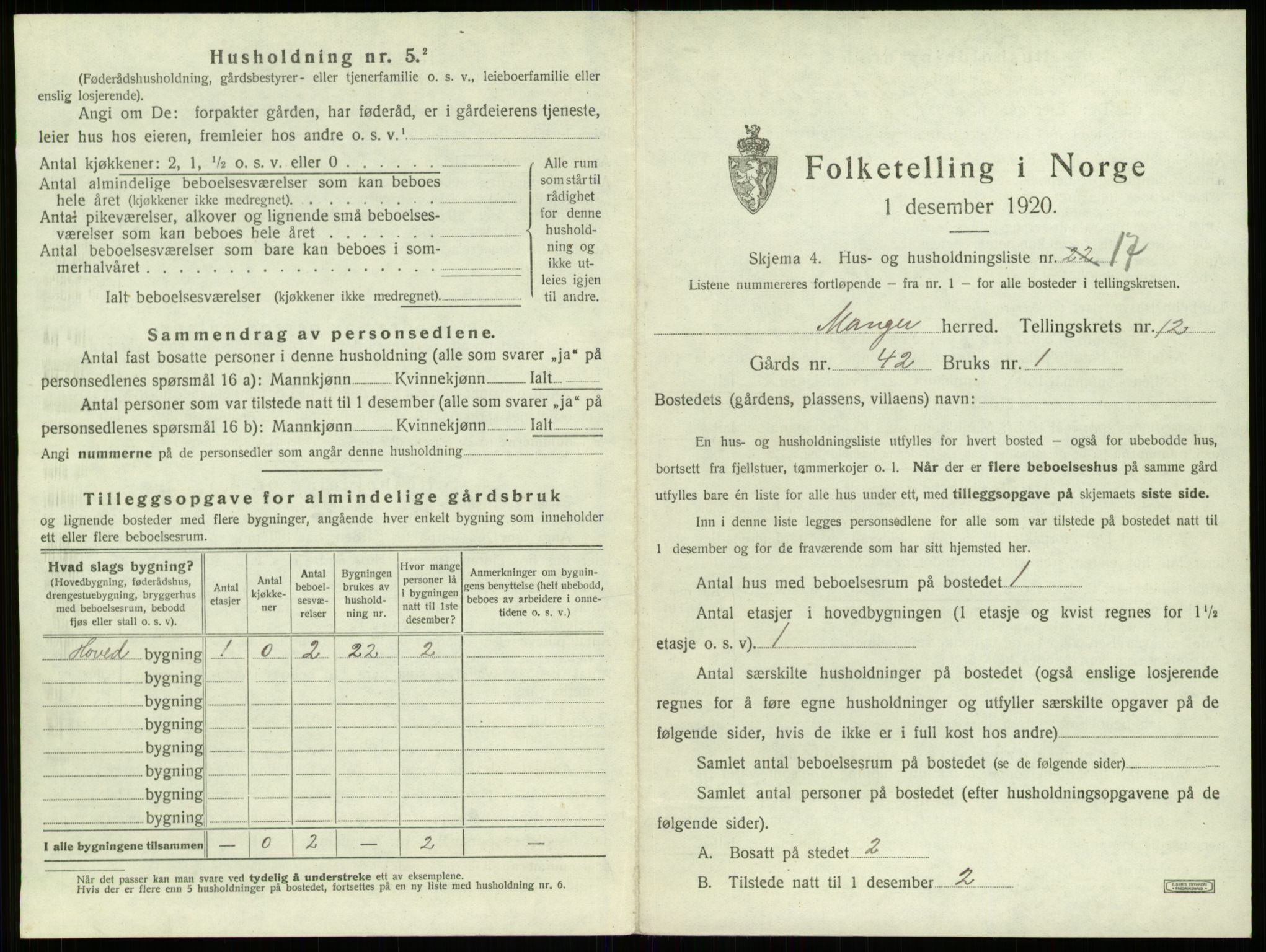 SAB, 1920 census for Manger, 1920, p. 1007