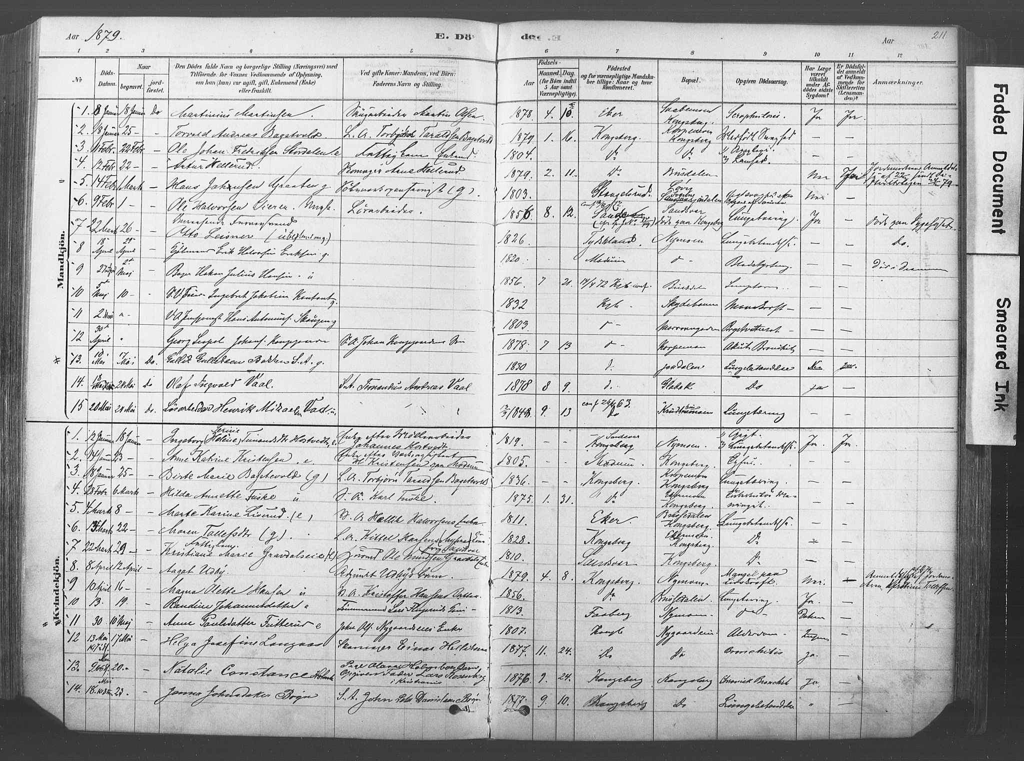 Kongsberg kirkebøker, AV/SAKO-A-22/F/Fb/L0001: Parish register (official) no. II 1, 1878-1886, p. 211