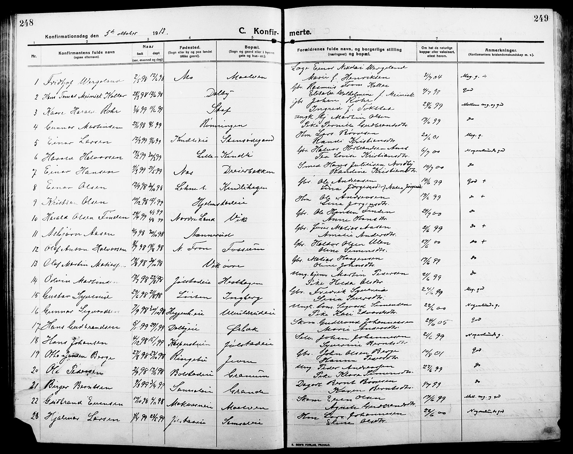 Ringsaker prestekontor, AV/SAH-PREST-014/L/La/L0018: Parish register (copy) no. 18, 1913-1922, p. 248-249