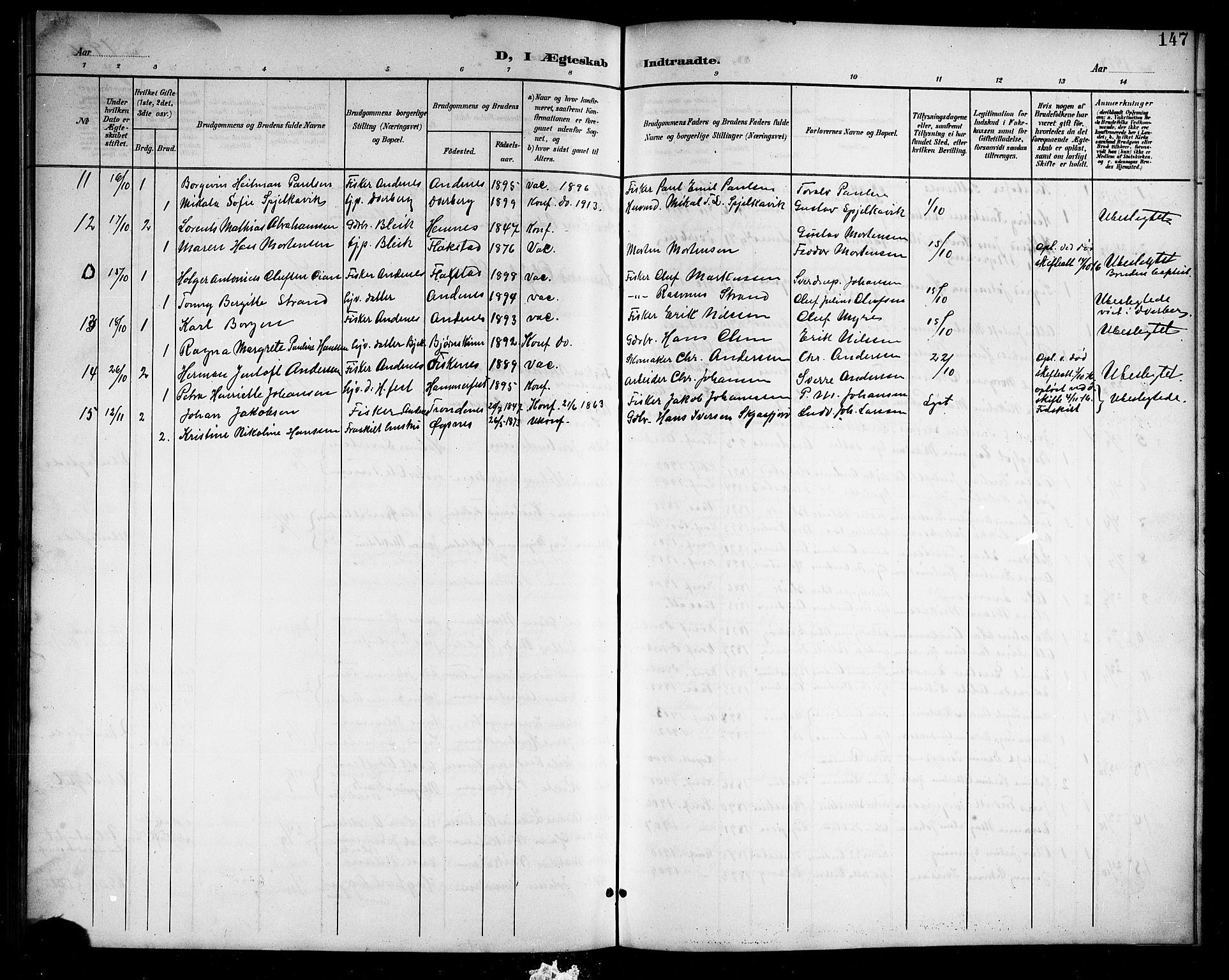 Ministerialprotokoller, klokkerbøker og fødselsregistre - Nordland, AV/SAT-A-1459/899/L1449: Parish register (copy) no. 899C04, 1900-1918, p. 147