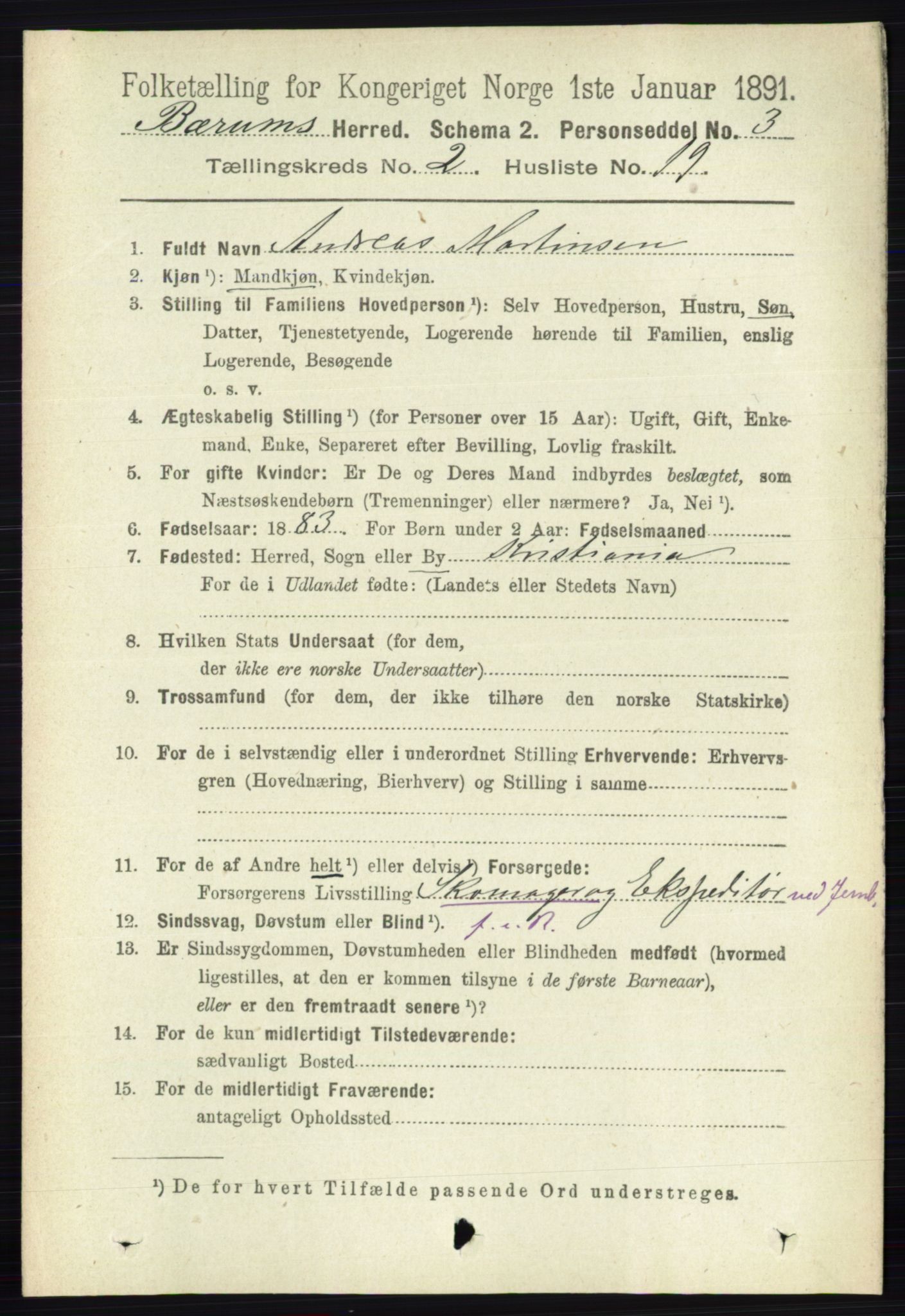 RA, 1891 census for 0219 Bærum, 1891, p. 1238