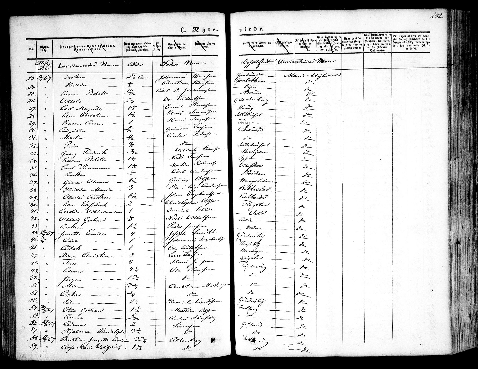 Rygge prestekontor Kirkebøker, SAO/A-10084b/F/Fa/L0005: Parish register (official) no. 5, 1852-1871, p. 282