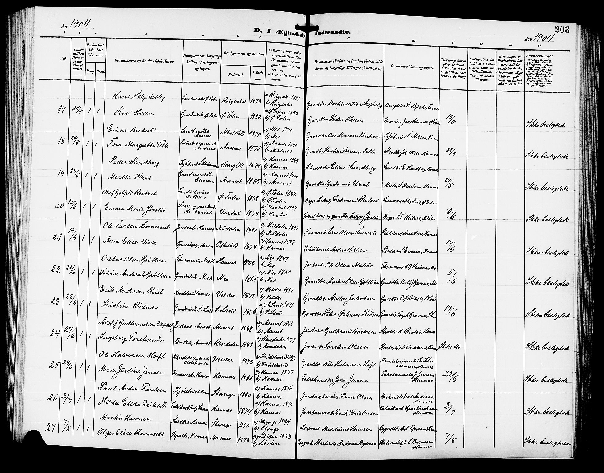 Hamar prestekontor, AV/SAH-DOMPH-002/H/Ha/Hab/L0001: Parish register (copy) no. 1, 1899-1914, p. 203