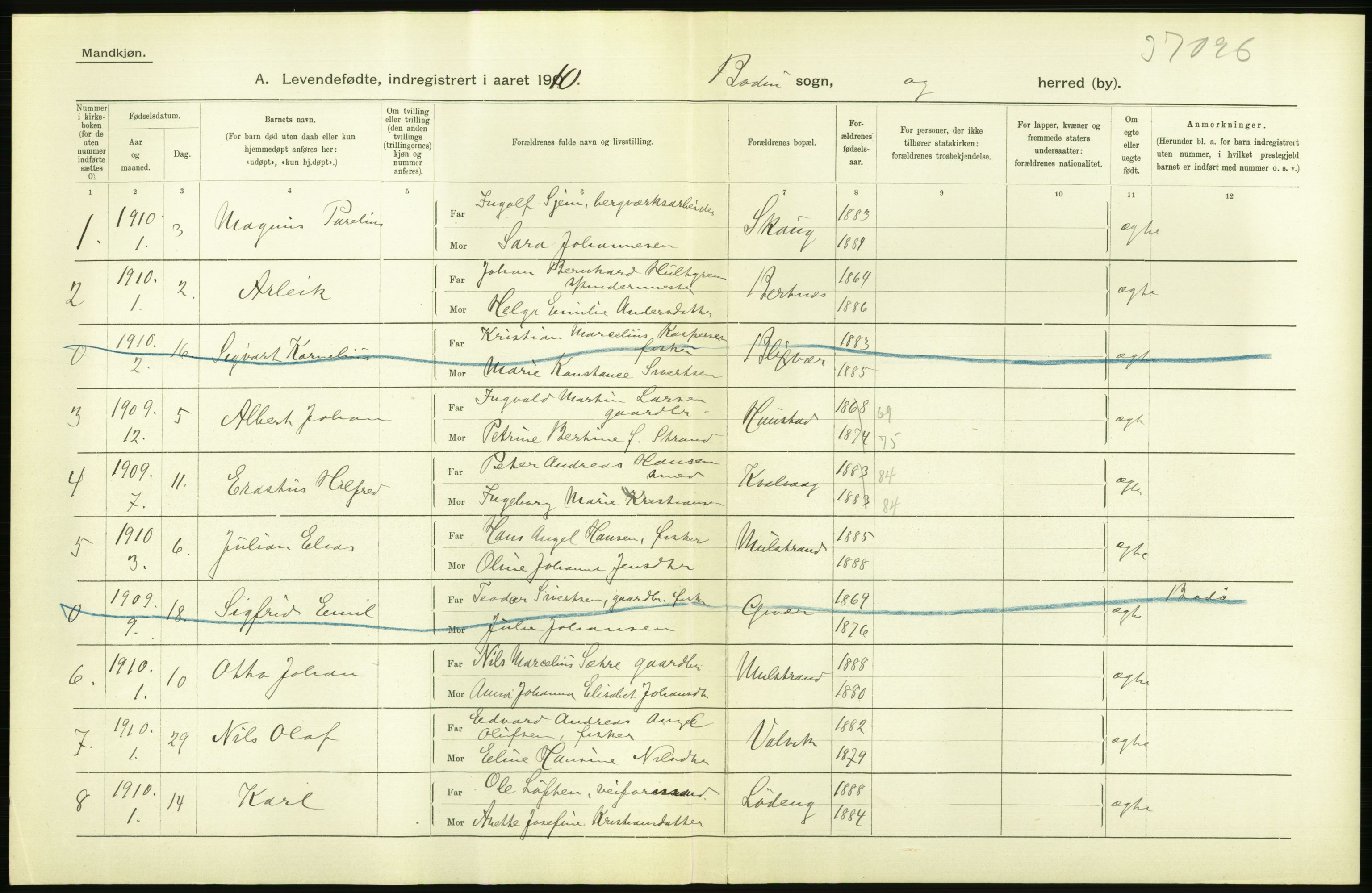 Statistisk sentralbyrå, Sosiodemografiske emner, Befolkning, AV/RA-S-2228/D/Df/Dfa/Dfah/L0040: Nordlands amt: Levendefødte menn og kvinner. Bygder., 1910, p. 38