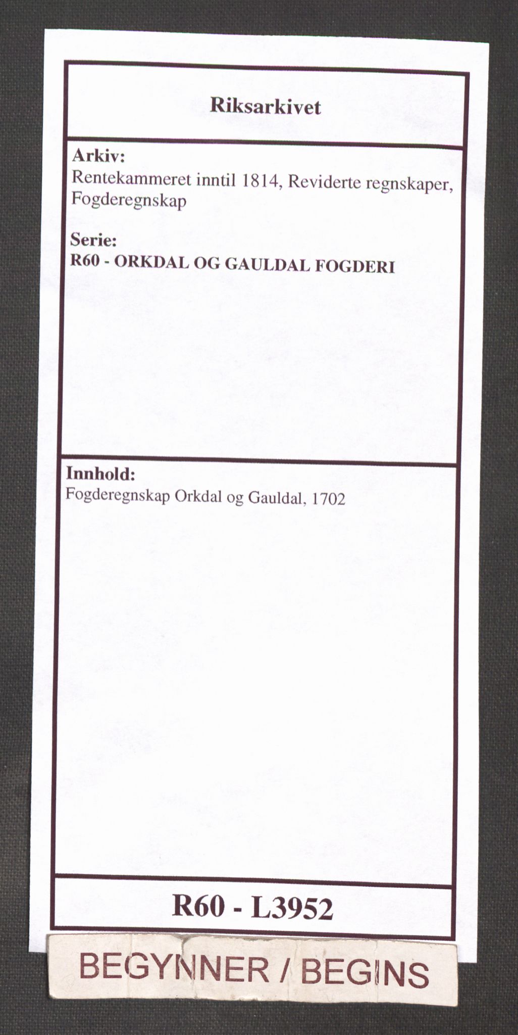 Rentekammeret inntil 1814, Reviderte regnskaper, Fogderegnskap, AV/RA-EA-4092/R60/L3952: Fogderegnskap Orkdal og Gauldal, 1702, p. 1