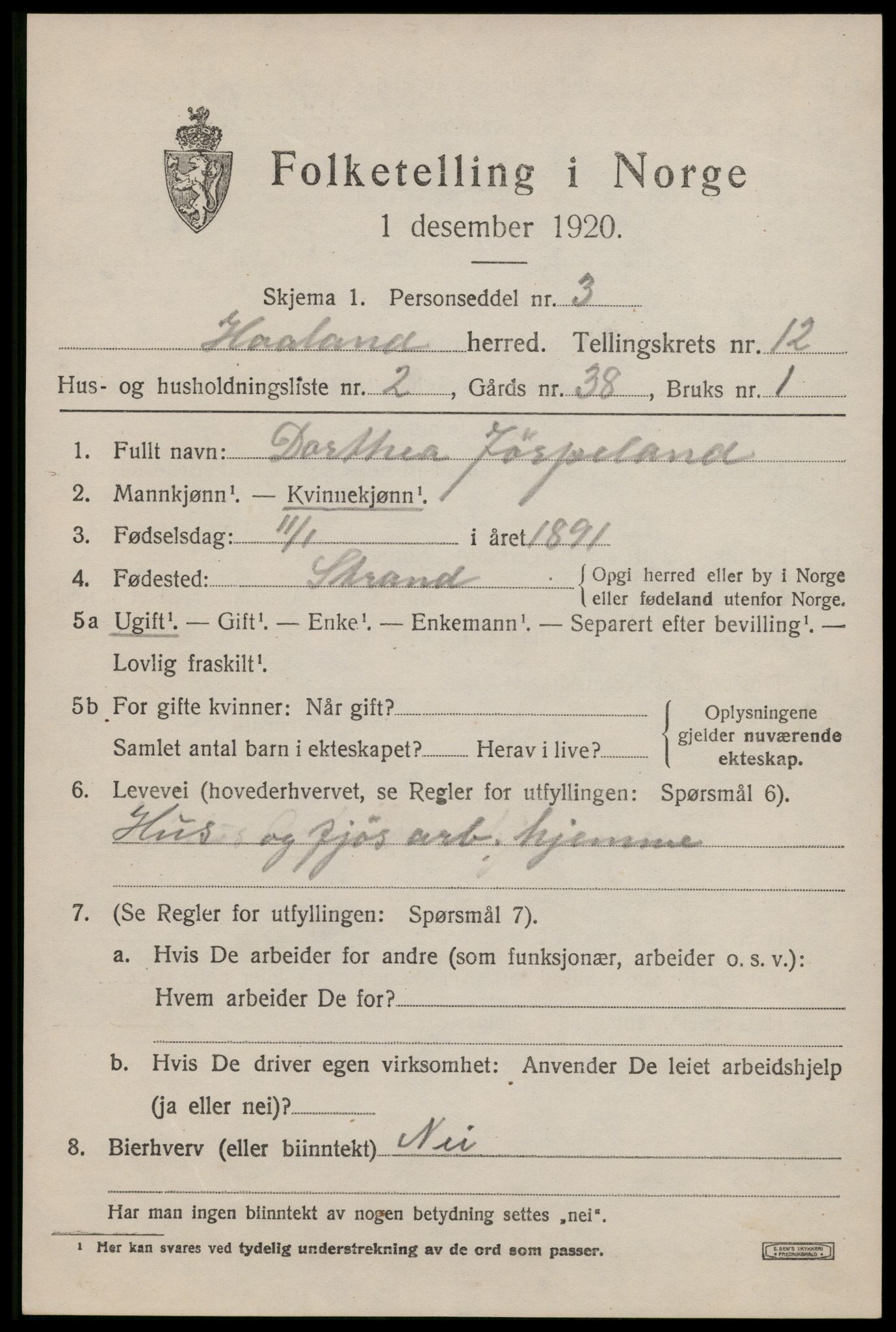 SAST, 1920 census for Håland, 1920, p. 8779