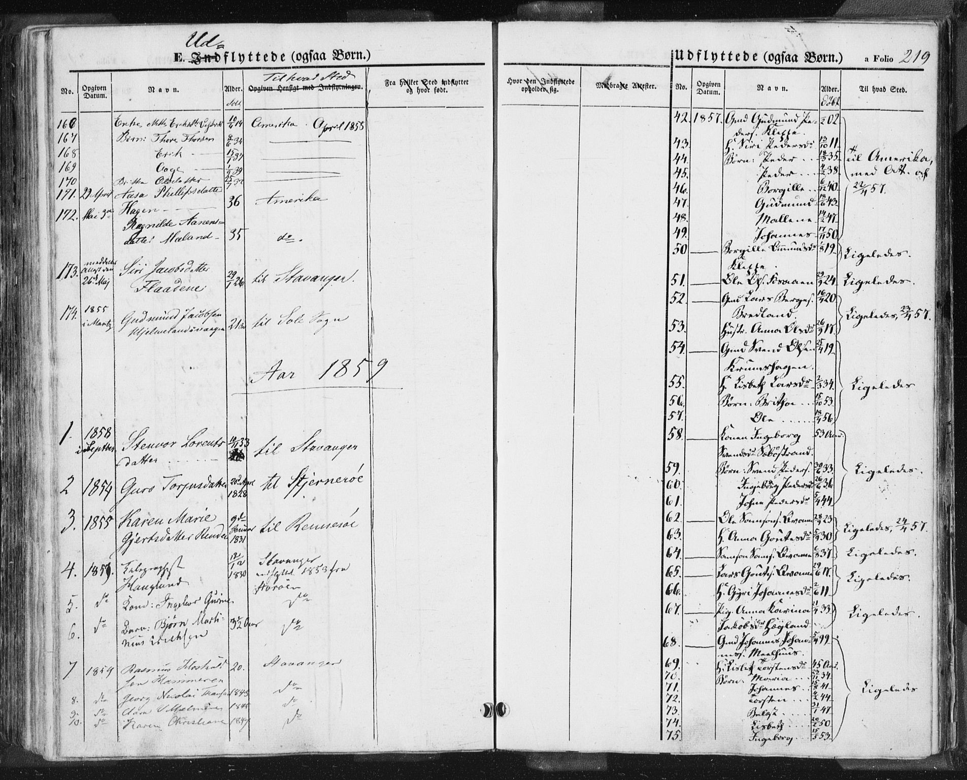 Hjelmeland sokneprestkontor, AV/SAST-A-101843/01/IV/L0009: Parish register (official) no. A 9, 1846-1860, p. 219